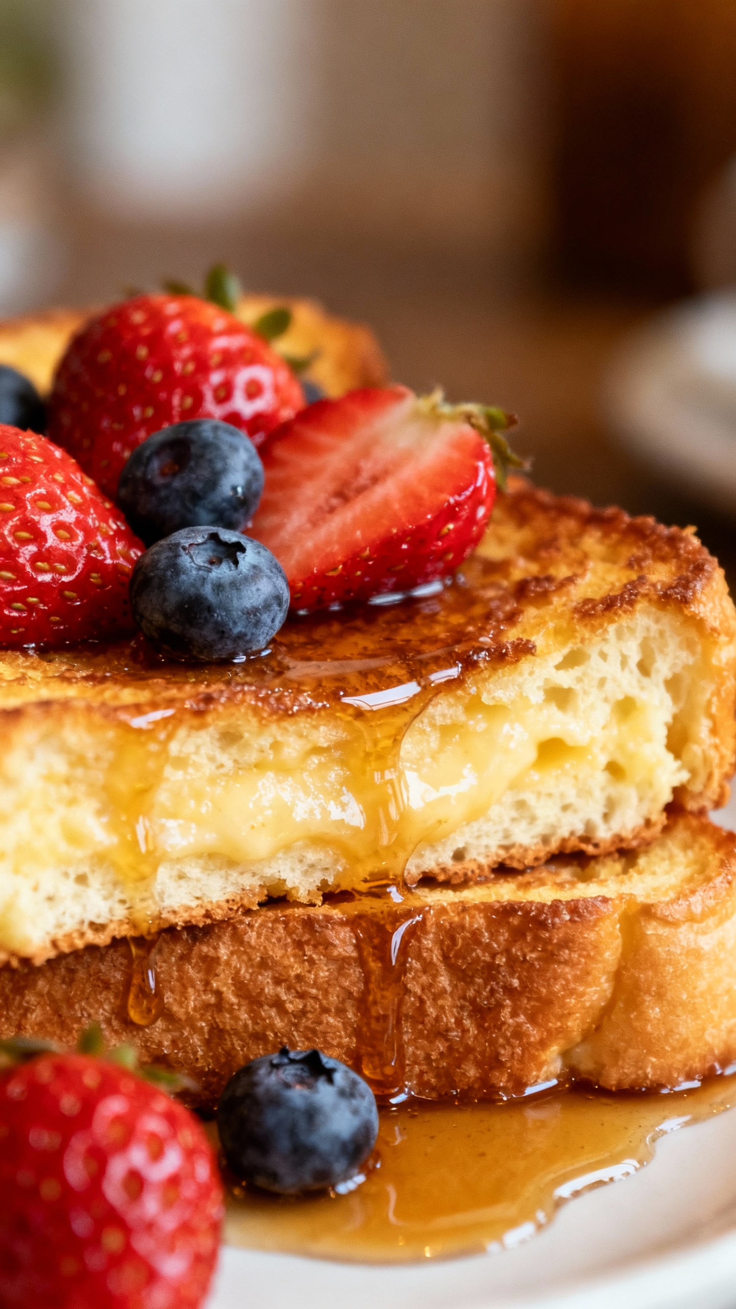 Closeup of custardy brioche French toast, real berries, syrup drizzle