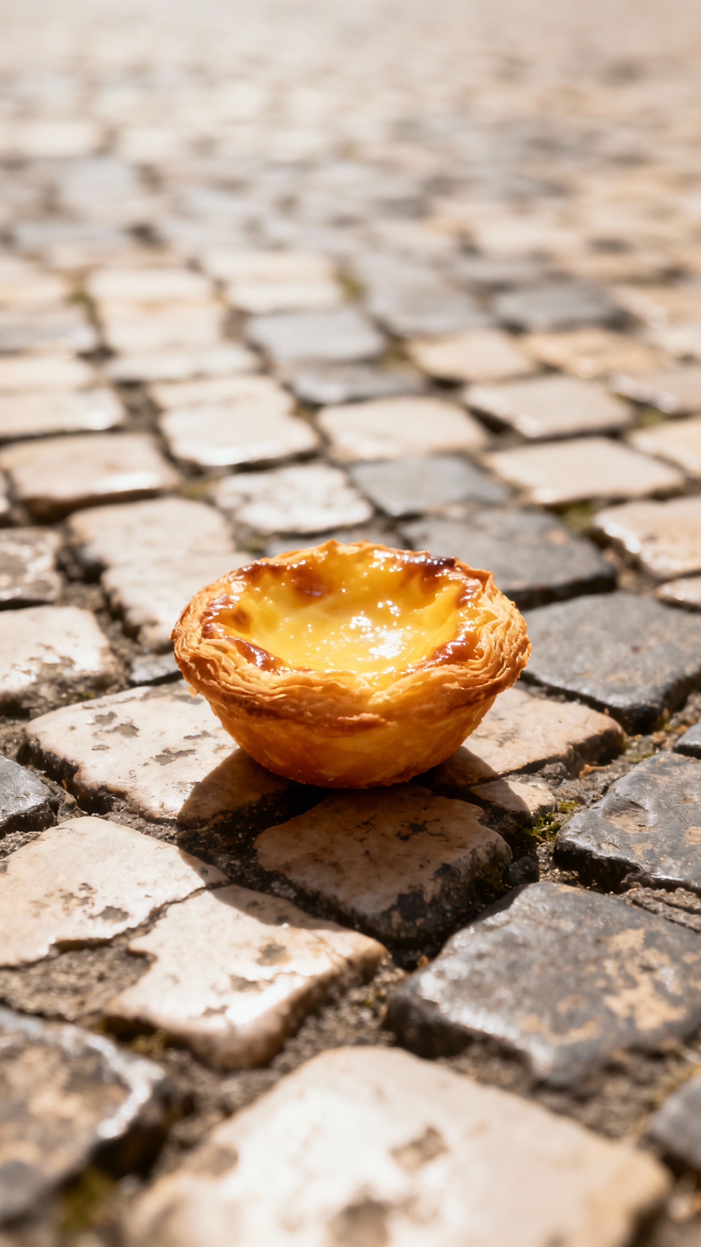 Closeup of pasteis de nata on Lisbon cobblestones, golden crust flakes
