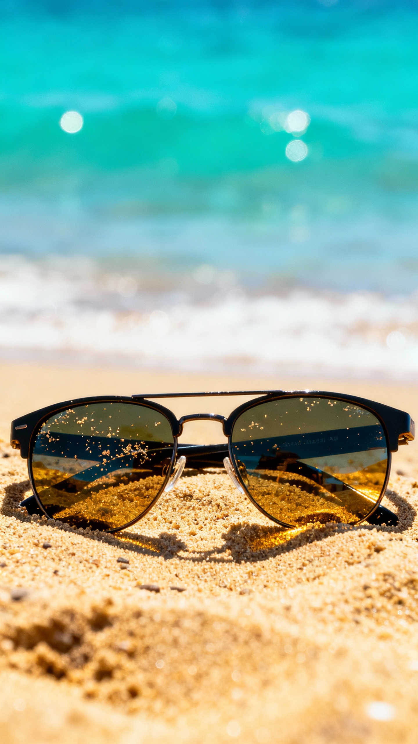 Closeup of polarized sunglasses on sandy Canary Islands beach, turquoise water, sunlit textures