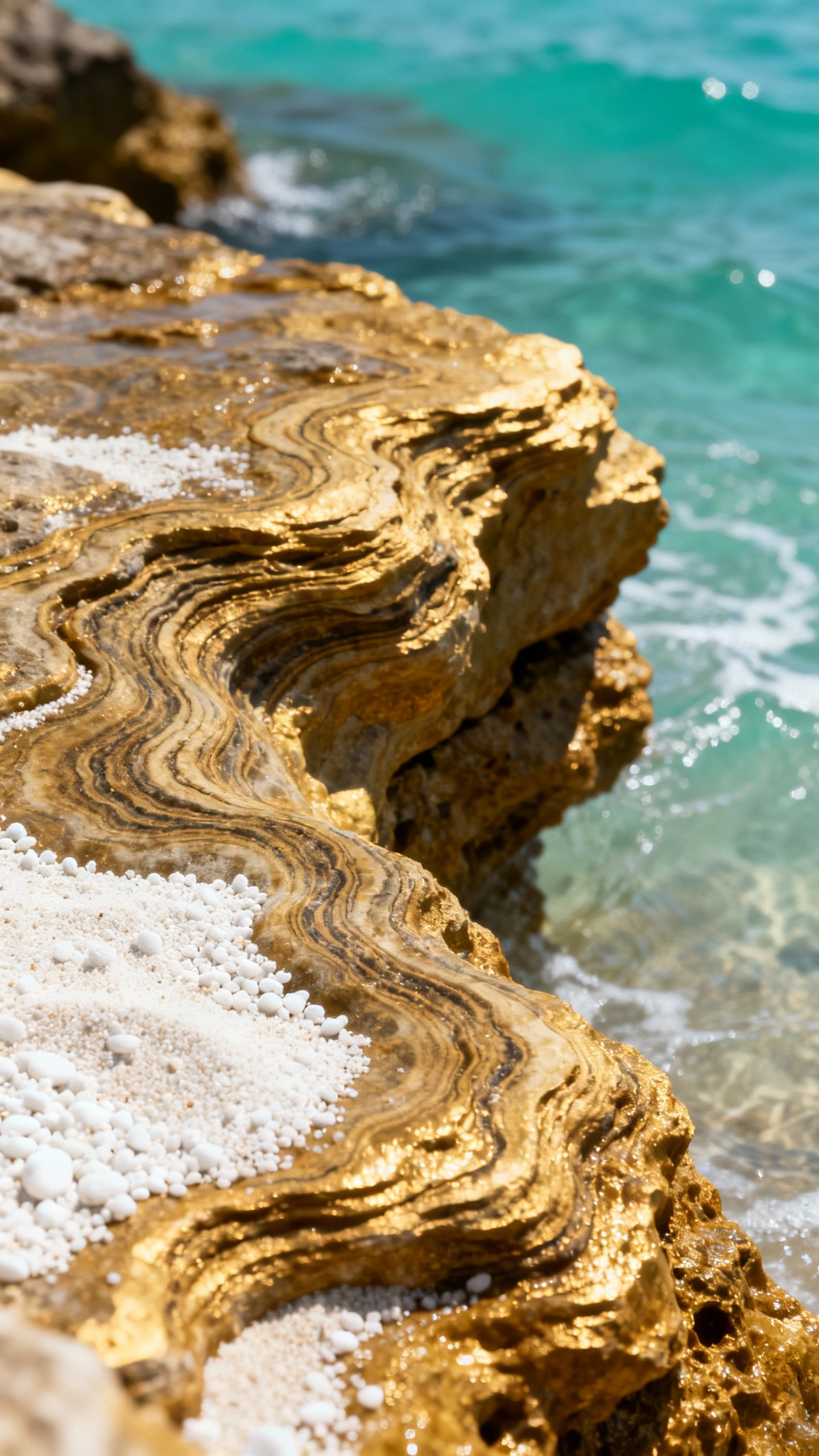 Closeup of serpentine rock with white sand and turquoise water, Kynance Cove
