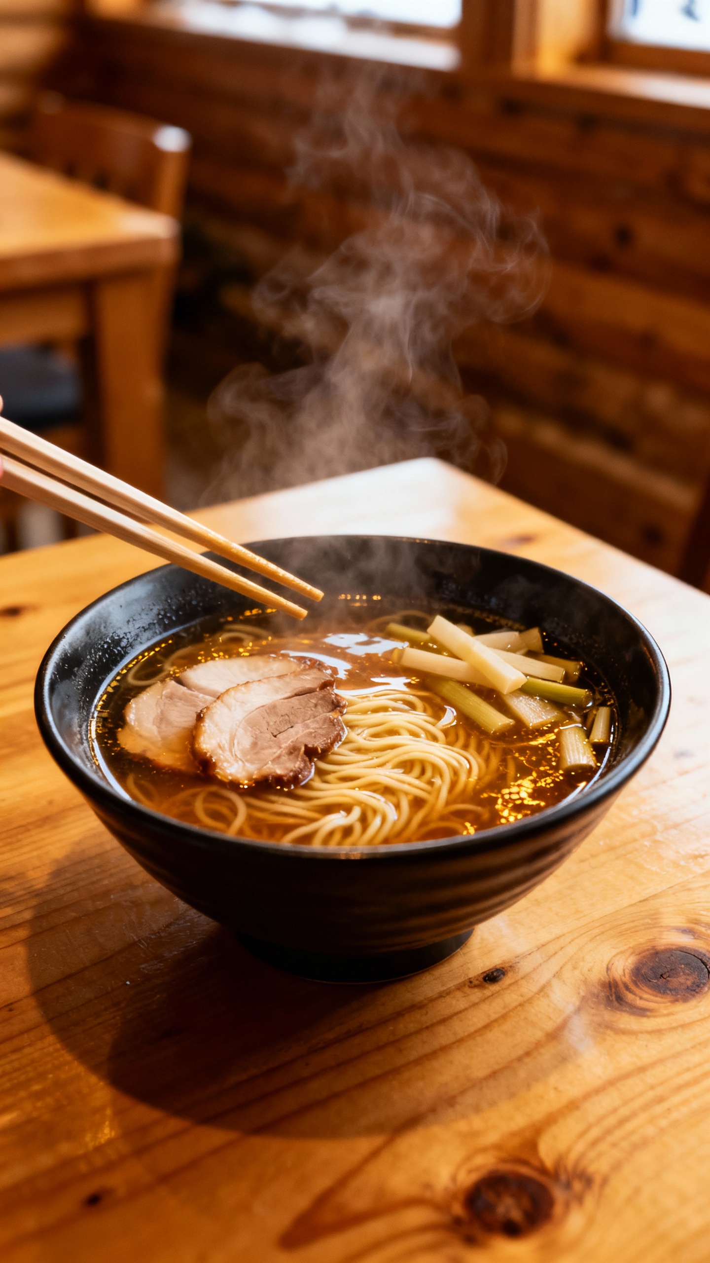 Closeup of steaming ramen bowl in Hokkaido ski lodge, rich broth, wooden table, chopsticks poised