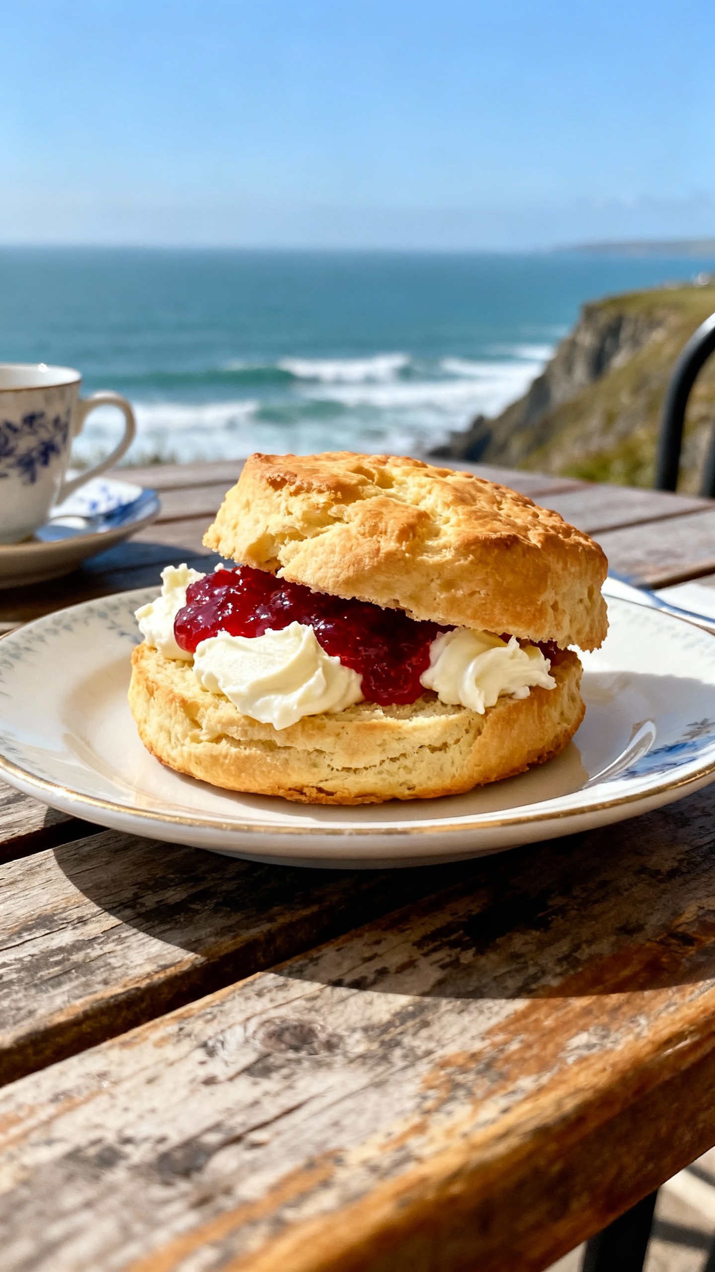 Detail shot of cream tea scone with clotted cream and jam on cliffside café table, ocean backdrop