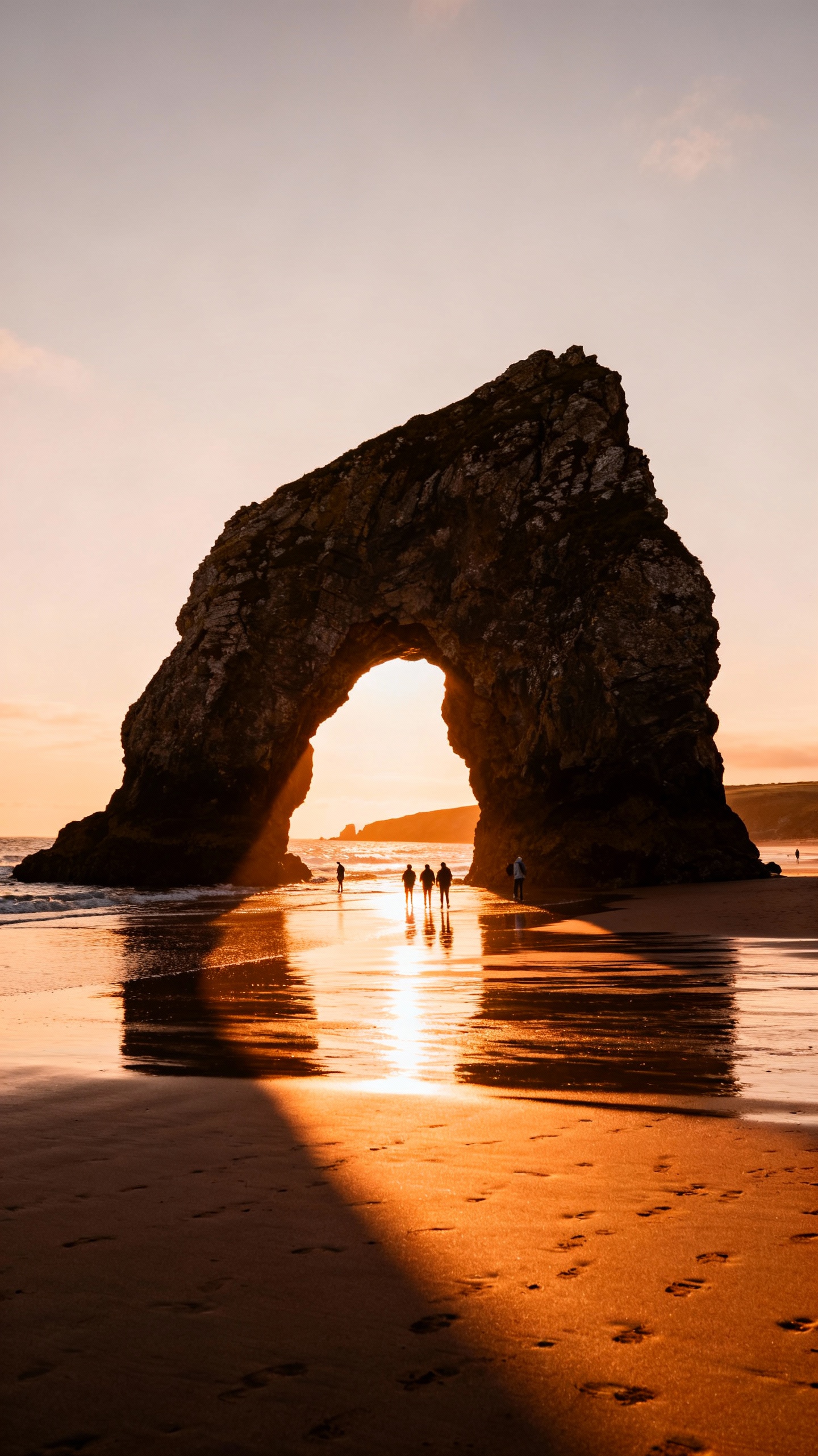 Low-angle view of Bedruthan sea stacks at golden hour, tiny walkers for scale on wet sand