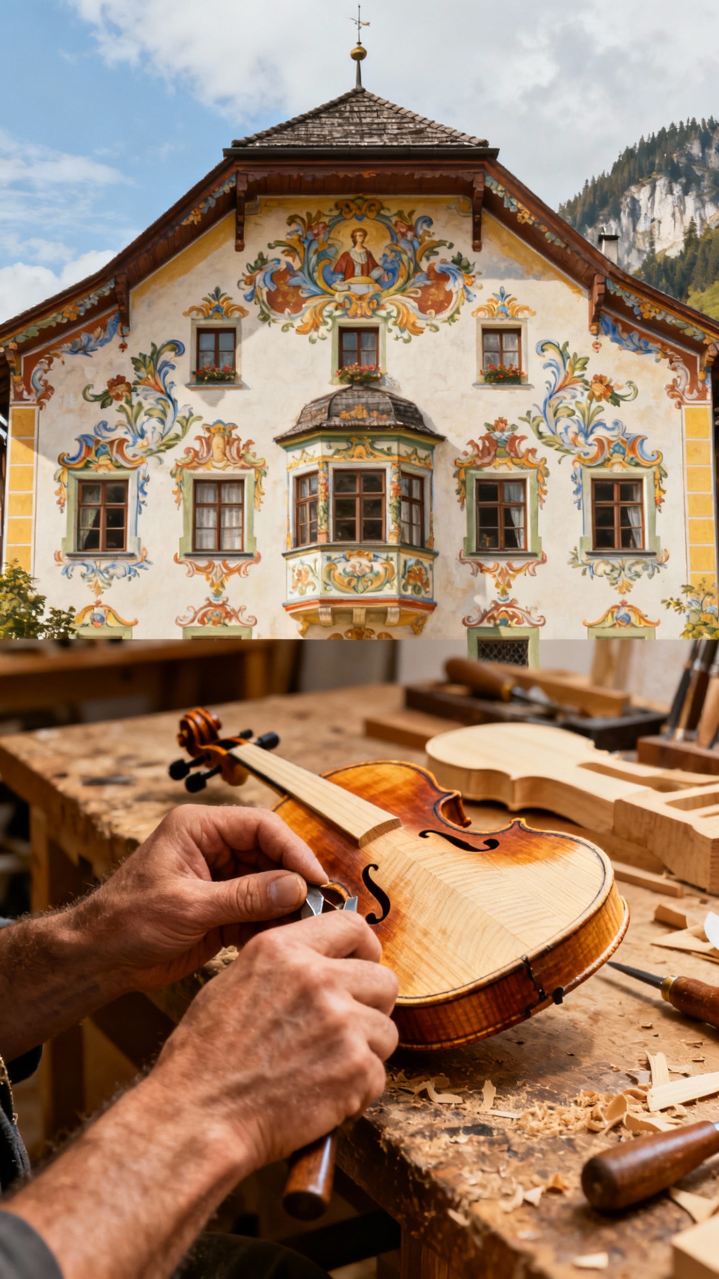 Lüftlmalerei frescoed house in Mittenwald, violin maker’s hands carving spruce