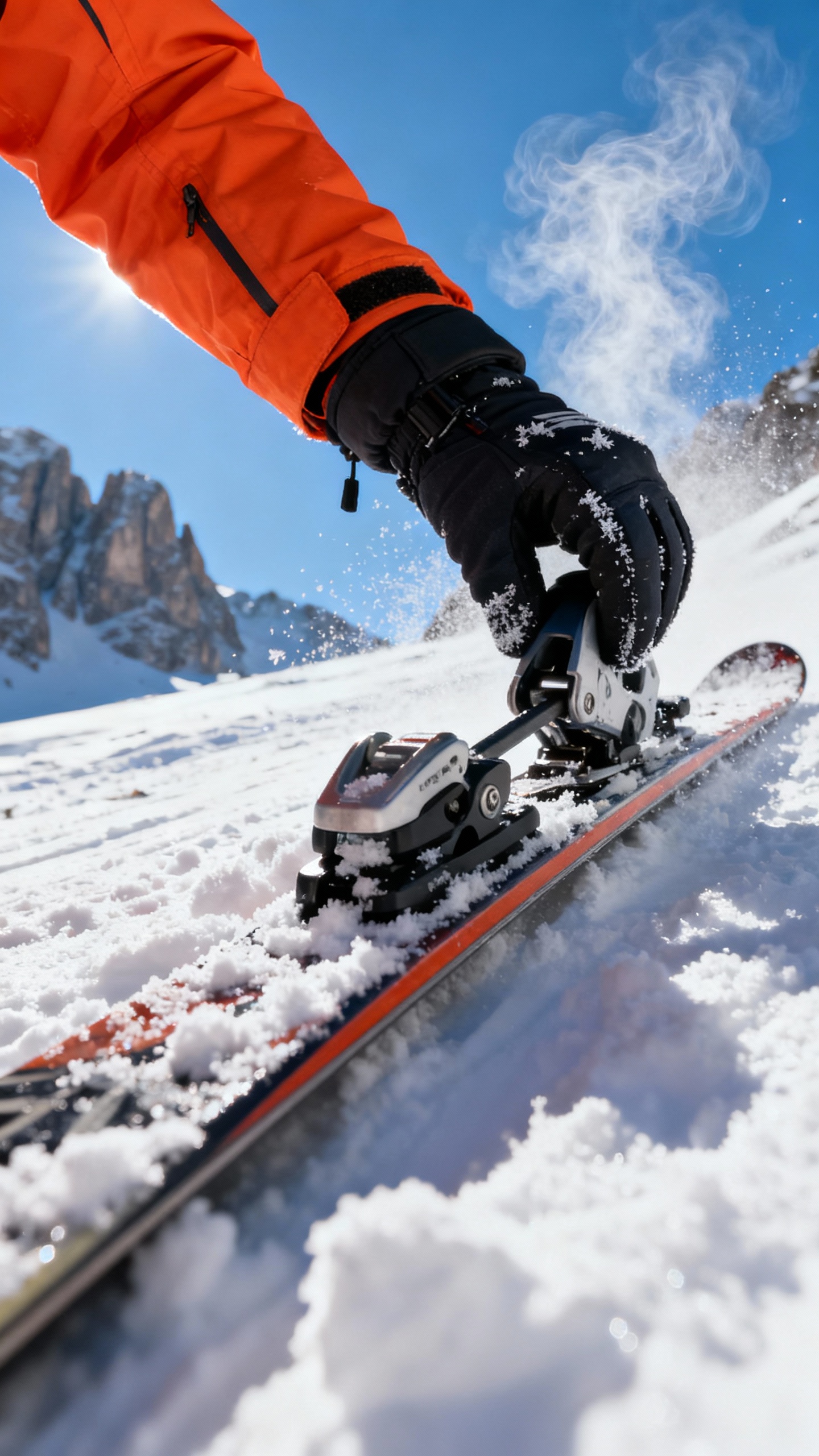 Male skier’s gloved hands clipping skis in Dolomites snow, frosty breath, bright orange jacket