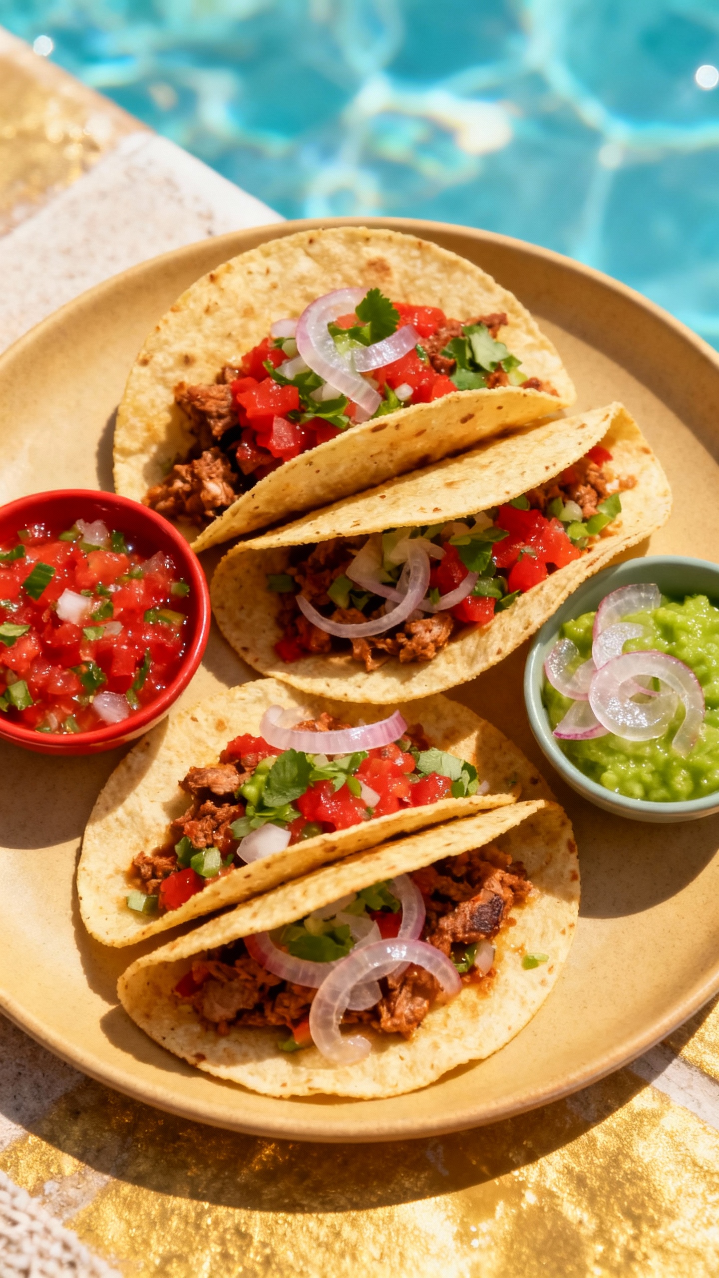 Overhead shot of poolside tacos, double tortillas, mixed salsas, pickled onions