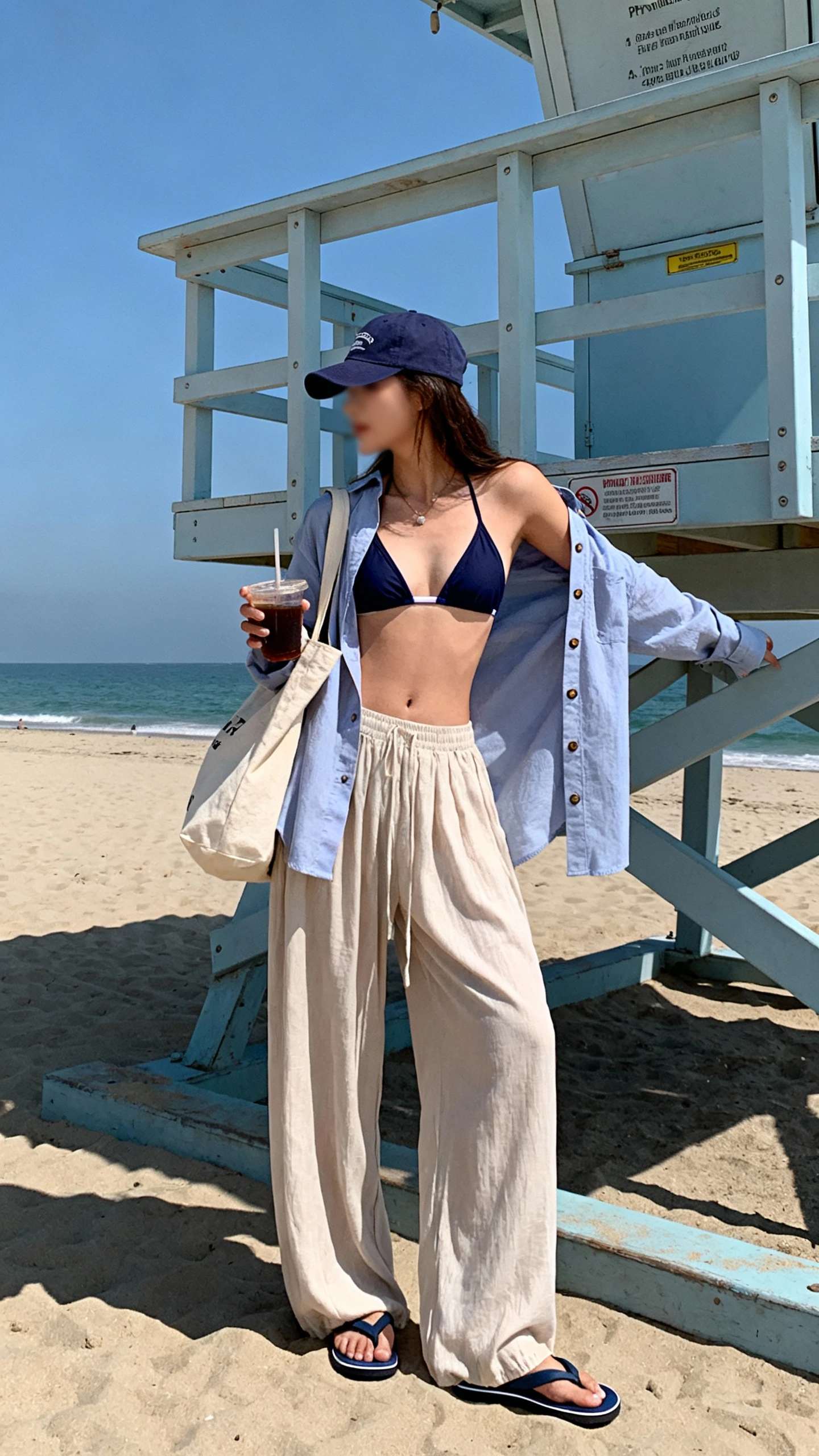 Candid photo of a woman wearing a sporty bikini top with breezy wide-leg beach pants, baseball cap, oversized button-up thrown open, flip-flops, and a canvas tote, pausing by a lifeguard stand with a cold drink, face slightly blurred, seaside light and shadows, casual iPhone aesthetic.