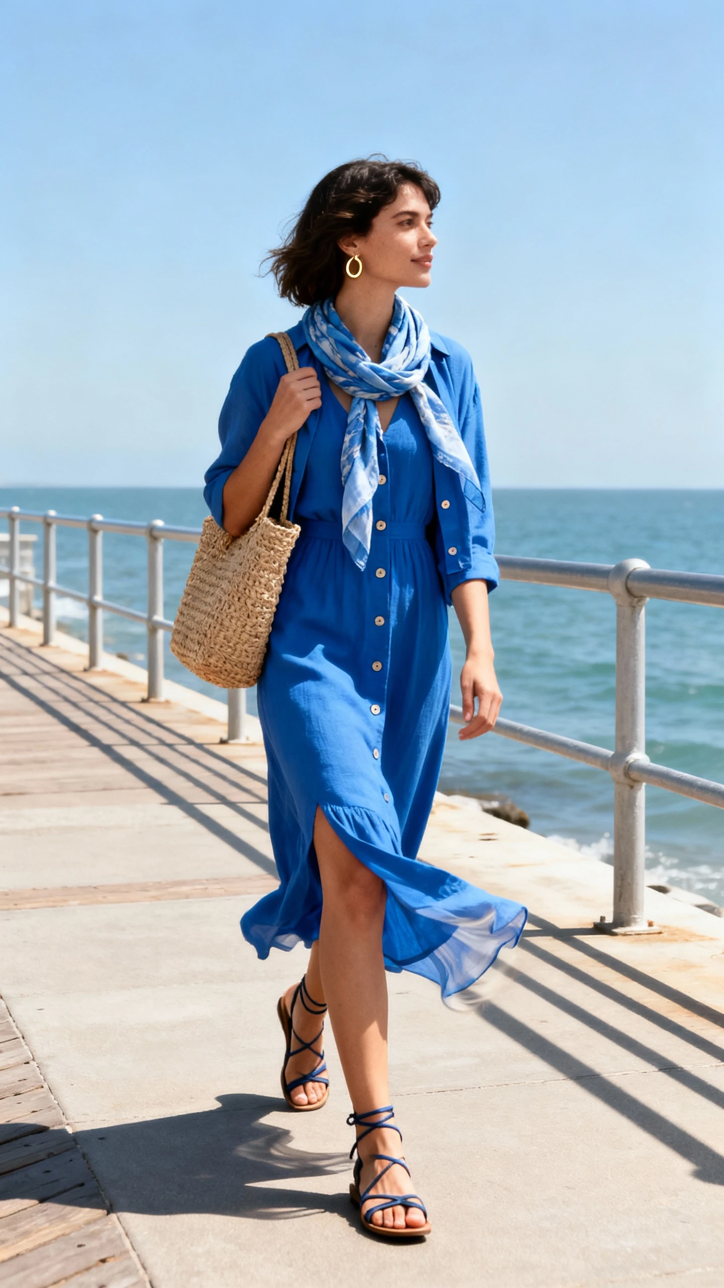 Natural lifestyle photo of a woman wearing a bold sundress set (matching sundress with lightweight coordinating button-up or scarf), simple strappy sandals, woven tote bag, delicate gold hoops, walking along a sunny boardwalk railing, face looking away, candid stride, ocean breeze in her hem, natural daylight, iPhone photo quality, unstaged.