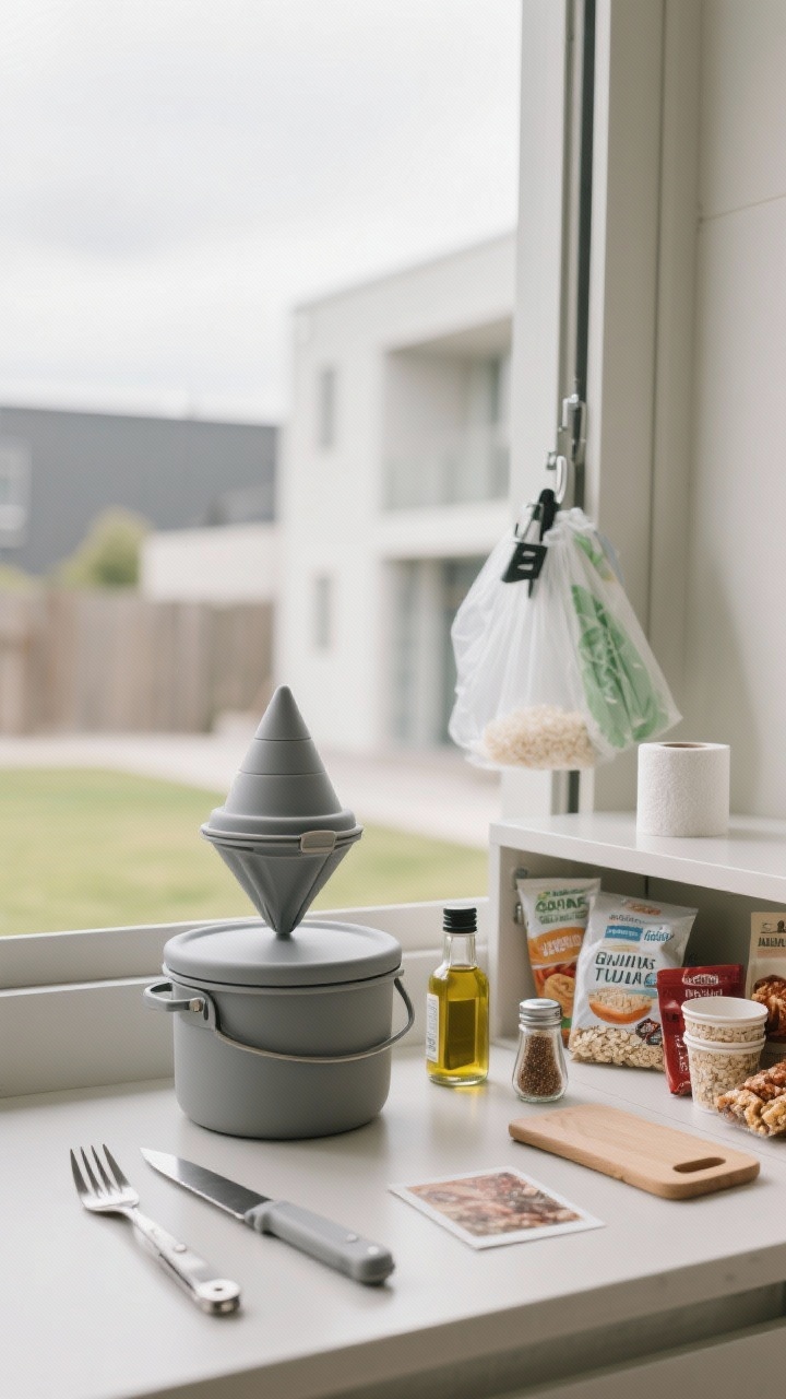5L lidded pot, a collapsible gray silicone pour-over cone, two metal sporks crossed, a slim folding knife, a postcard-sized flexible cutting board, and a micro pantry lineup (mini bottles of oil, salt, pepper, chili flakes, instant oats, rice cups, tuna packets, jerky, granola bars). Add a small roll of biodegradable wipes and a mini trash bag clipped nearby. Soft overcast outdoor lighting for clean, photoreal detail.