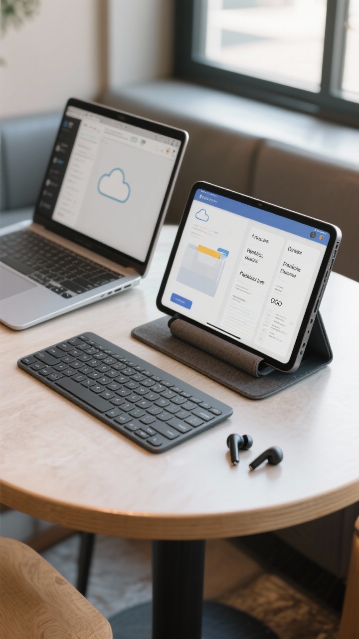 A closeup, angled shot of a portable office kit laid out on a cafe-style table: slim Bluetooth keyboard, foldable laptop stand, noise-canceling earbuds, and a neat set of labeled templates on a tablet screen (invoices, pitches, packing list, OOO); a cloud storage folder view open on a laptop; neutral tech tones with brushed aluminum, matte black, and soft fabric case textures; diffuse window light reflecting a practical, mobile workflow.