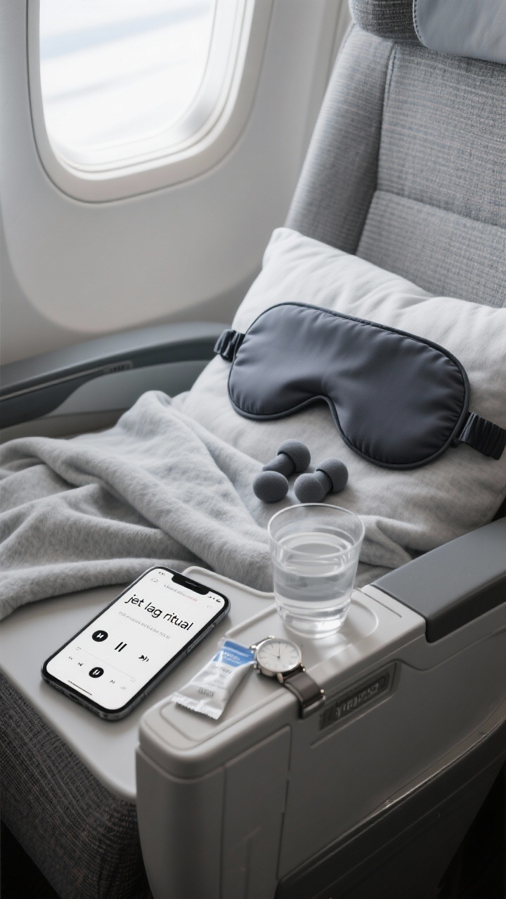 A closeup, side-angle shot of a neatly staged “jet lag ritual” setup on an airplane seat: an eye mask in matte charcoal, soft foam earplugs, a lightweight light-gray blanket partially covering the seat, and a phone screen showing a white-noise playlist; a compact water cup sits on the armrest with an electrolyte packet beside it. A watch on the tray displays destination time. The mood is serene and intentional, with low, soothing cabin light and a restrained palette of grays and neutrals to suggest calm, circadian reset.