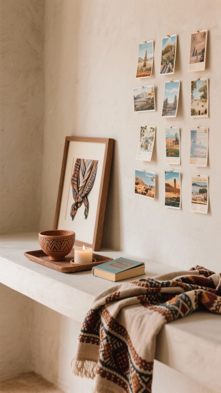 A detailed closeup of a travel memory vignette on a gallery ledge: a small grid of postcards and mini prints, a framed scarf used as art, a petite ceramic bowl from abroad on a tray with a travel candle and a pocket-sized book; a folded Moroccan textile draped over the edge adds texture; neutral backdrop with earthy tones, clay, linen, and woven fibers; clean, uncluttered styling with soft side lighting for depth.