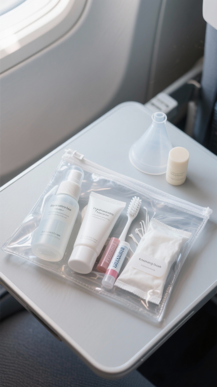 A detailed closeup, overhead view of a clear, zippered pouch laid on a tray table, organized like a mini spa kit: hydrating face mist and moisturizer in labeled leak-proof travel minis, thick lip balm, rich hand cream, a compact toothbrush with a small toothpaste tube and floss picks, sealed facial wipes, and a solid deodorant stick. Include clean labels on each mini to prevent mix-ups, and show a tiny funnel or decanting bottle cap nearby. The color palette is fresh and clean—frosted clear plastics, soft white, and pale gray—with cool airplane cabin light reflecting gently off the transparent pouch.