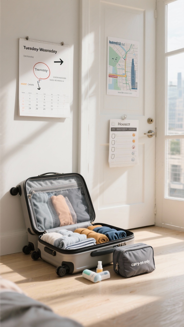 A medium angle shot of a neatly packed carry-on beside a doorway: open hard-shell suitcase with perfectly rolled clothes for shoulder-season travel, a slim toiletry kit, and a compact packing cube labeled “carry-on only”; behind it, a wall calendar with midweek flights circled Tuesday/Wednesday and arrows indicating an open-jaw route between two cities; near the door, a metro map print hinting at public transit proximity and a folded house-sitting checklist; bright natural morning light for a ready-to-go mood.