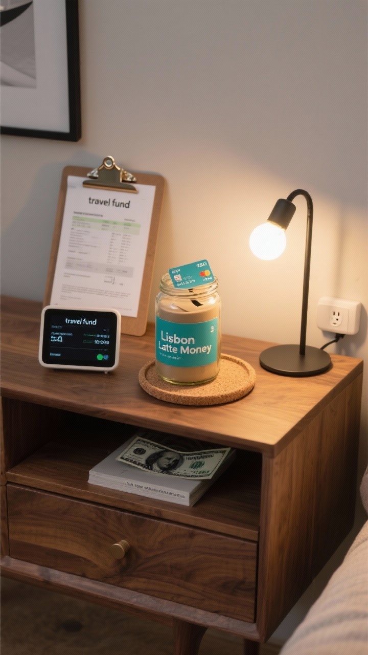 A medium overhead vignette of a “travel fund” corner on a walnut console: a small digital display showing automated transfers to a “Lisbon Latte Money” savings jar, a debit card on a round cork tray symbolizing purchase round-ups, and a printed cashback statement clipped to a minimalist clipboard; a single LED bulb table lamp with a smart plug sits nearby; neutral tones with pops of teal on the jar label; soft evening lamp glow suggesting responsible budgeting.