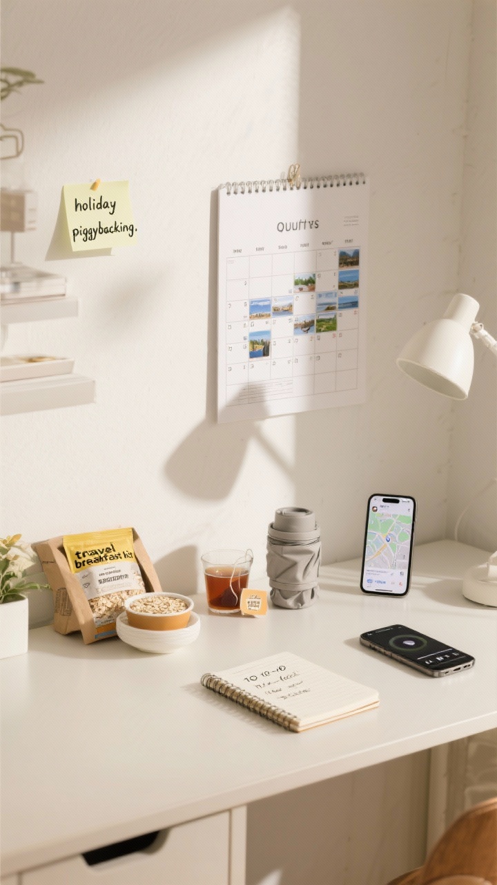 A medium shot of a compact desk area staged for time-optimized planning: a wall calendar marked with quarterly trips, a sticky note for “holiday piggybacking,” and a weekly schedule showing compressed Monday–Thursday work hours; on the surface, a “travel breakfast kit” (packets of instant oats, tea bags, collapsible cup) next to a small notebook outlining a 10-10-10 wellness routine; a phone displaying offline maps and playlists; bright, organized morning light.