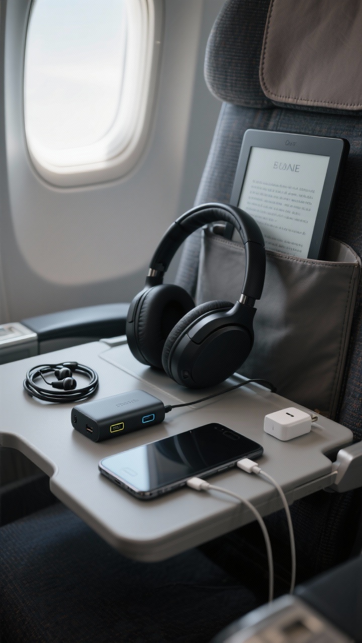 A medium shot of a tidy tech setup on an airplane seat and tray: over-ear noise-canceling headphones in matte black centered on the tray, wired backup earbuds coiled beside them, a compact 20,000 mAh power bank with dual ports charging a tablet and phone via short USB-C and Lightning cables, and a slim universal adapter. An e-reader with a minimalist cover sits in the seatback pocket. Lighting is low and ambient from the cabin, with soft reflections on matte surfaces; the mood is quiet, reliable, and streamlined.