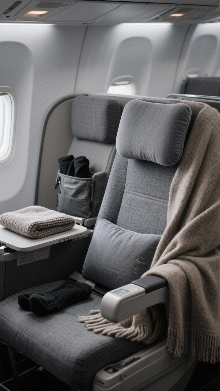 A medium, straight-on shot of an airplane economy seat transformed into a “mini living room”: a supportive memory-foam neck pillow with a flat back in charcoal gray resting on the headrest, a soft lightweight travel blanket in heathered oatmeal draped over the armrest, an oversized wool scarf in muted taupe folded on the tray table, and black compression socks neatly tucked into a seatback pocket. Add a small packable lumbar cushion in soft slate fabric positioned at the lower back area. Overhead cabin lighting is dim and cool, creating a calm, cozy mood; focus on layered textures like knit, microfiber, and memory foam, with no people present.