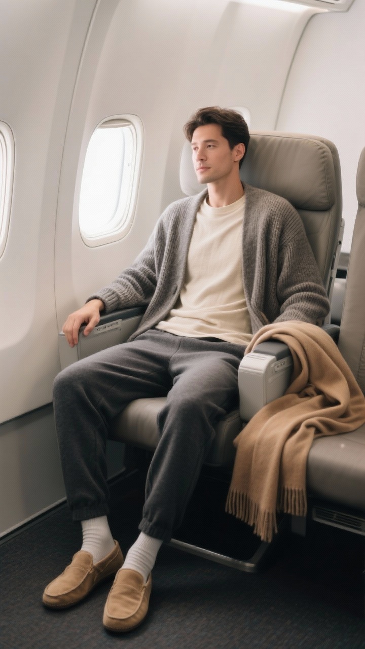 A medium, straight-on vignette of a minimalist flight outfit arranged on an empty airplane seat: a breathable natural-fiber tee in soft cream layered with an oversized cardigan in warm heather gray draped over the seatback, soft knit joggers in charcoal folded on the seat, slip-on shoes in sand suede on the floor paired with no-show socks, and a neutral scarf in camel casually looped on the armrest. The palette is neutral and cohesive, textures are cozy yet refined, and the lighting is soft and even, evoking calm, functional elegance.