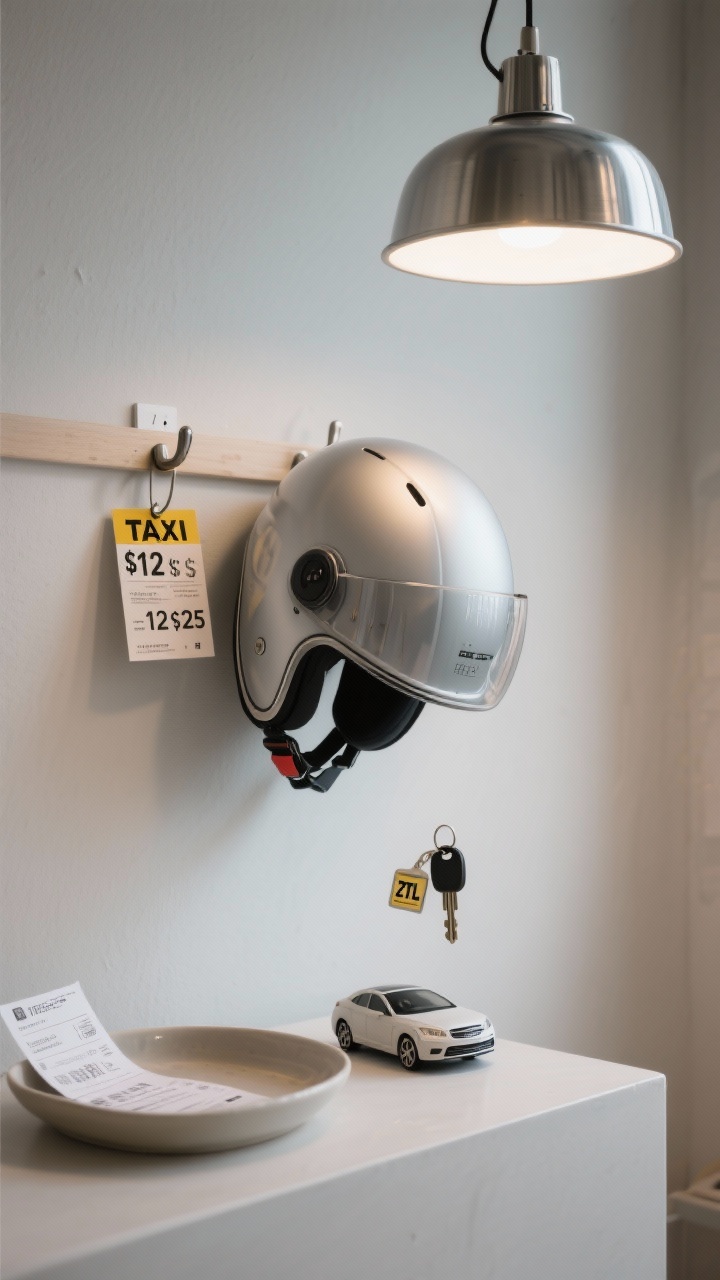 A minimalist scooter helmet on a hook, a taxi meter card $12–$25, and a car key with a tag “ZTL” warning. Overhead pendant casts practical, bright lighting; textures of brushed steel, paper tickets, and matte ceramic tray, photorealistic.