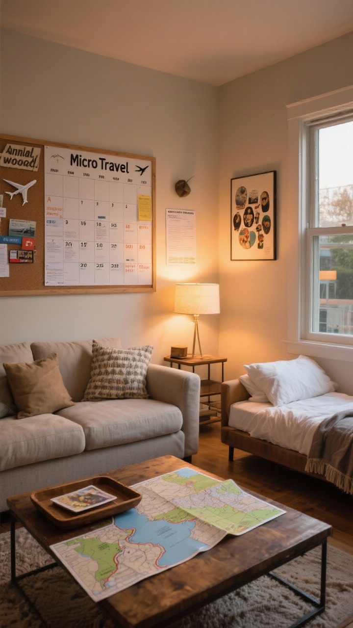 A wide, corner-angle shot of a living room set up for movement-minded community: shared wall calendar displaying micro-travel days and traditions (annual cabin weekend, birthday city hop), a cork board with flight alerts and a group wishlist printout, and a neatly made guest daybed with fresh linens ready for hosting travelers; a tray on the coffee table with regional maps for two-hour radius adventures; warm, inviting evening lamplight and cohesive neutral decor with subtle travel accents.