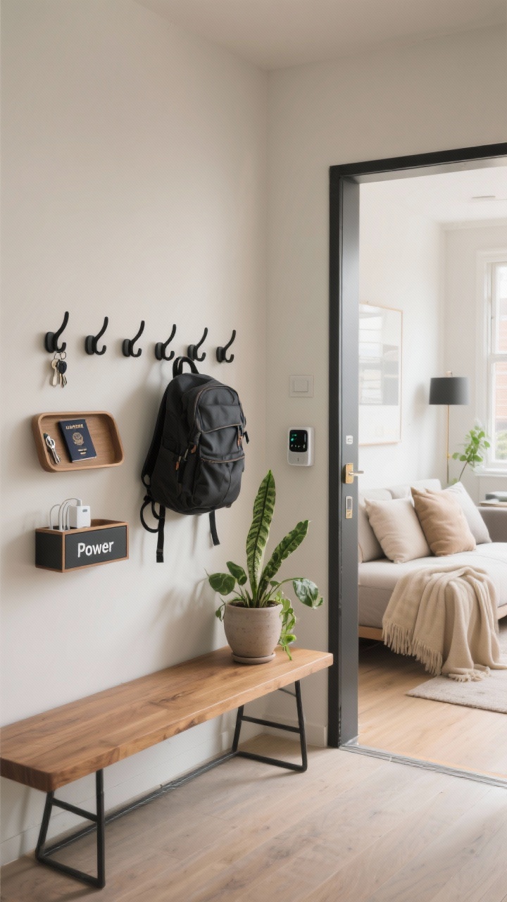 A wide, straight-on shot of a calm, travel-ready entryway in a modern apartment: neutral palette with warm wood bench, matte black hooks holding minimalist backpacks, a labeled tray for passports and keys, a slim labeled drawer for chargers, and a small universal charging station marked “Power”; nearby, low-maintenance snake plant and pothos in simple ceramic pots; capsule decor with neutral throw pillows and a soft beige blanket visible in the adjacent living area; soft natural daylight, tidy and low-maintenance vibe.