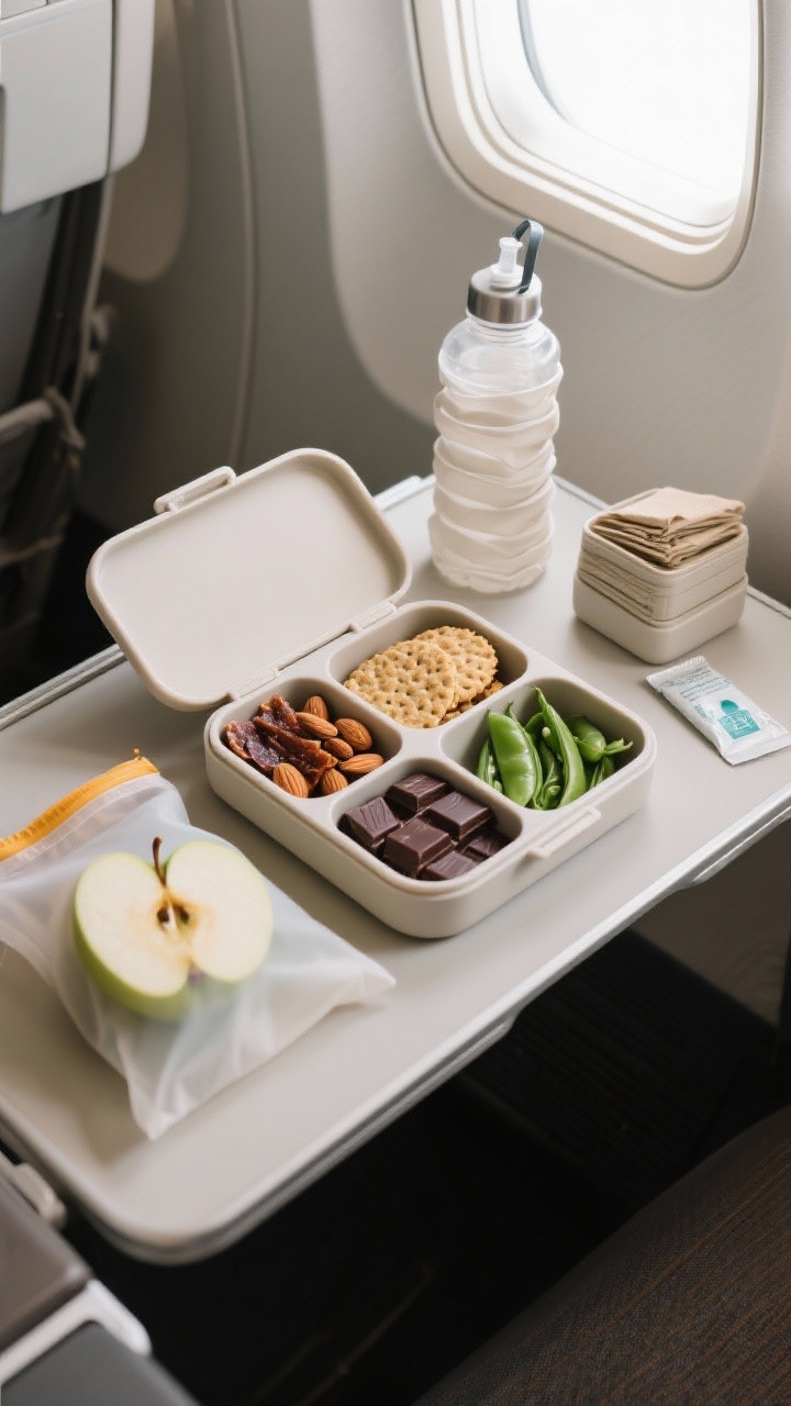 An overhead flat-lay of a chic airplane snack kit arranged on a tray table: a flat, leakproof bento box with compartments holding almonds, jerky, whole-grain crackers, dark chocolate squares, and sugar snap peas; a silicone bag with sliced apples; a collapsible water bottle filled post-security with a small electrolyte packet nearby; a neat stack of napkins. Color accents from fresh produce and chocolate contrast against neutral containers, with crisp, bright overhead cabin light showcasing clean lines and tidy organization.