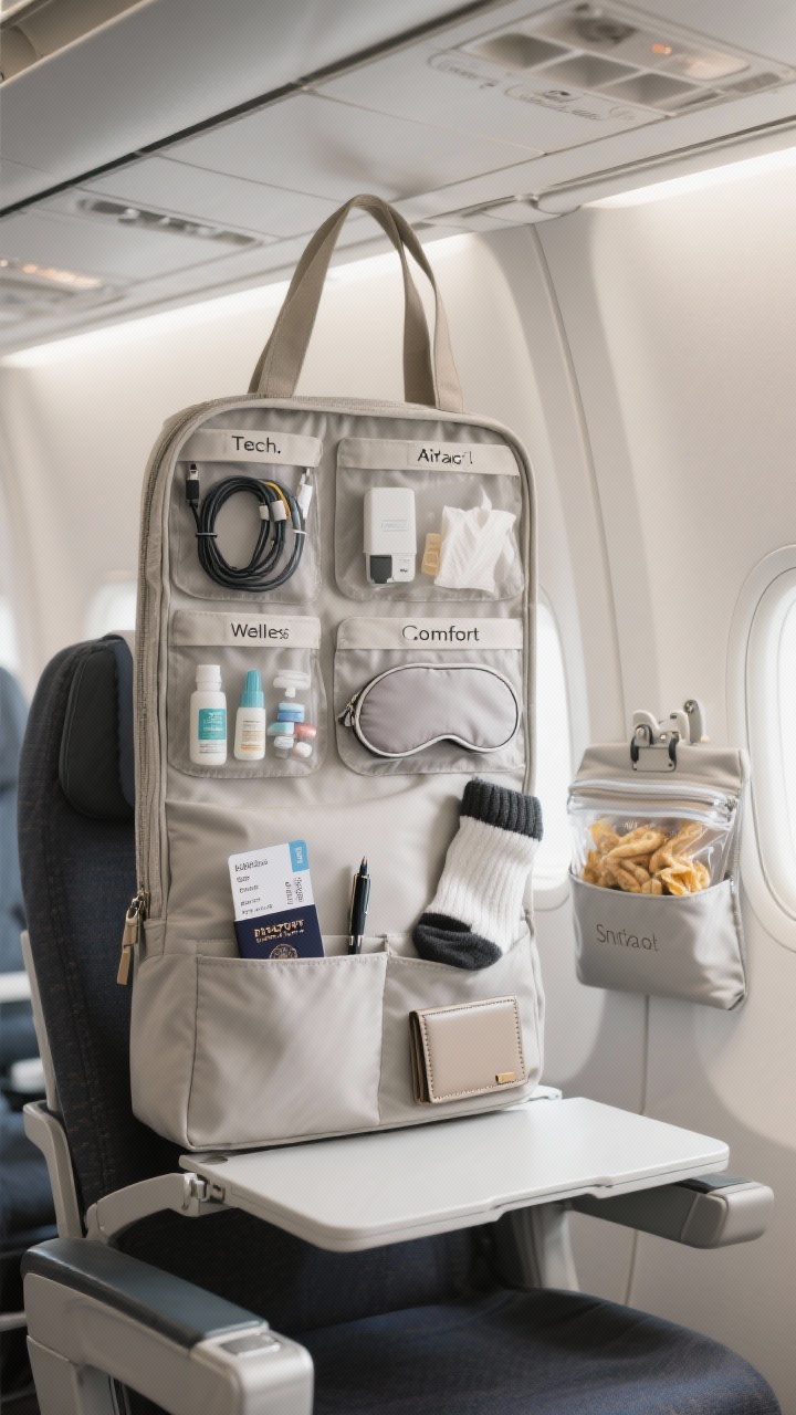 An overhead, organized packing scene inside an open structured tote that stands upright under the airplane seat: clearly zoned pouches labeled Tech (cables, power bank, universal adapter, AirTag), Wellness (skincare minis, meds, sanitizer, tissues, eye drops), Comfort (eye mask, earplugs, socks, pillow cover), and a separate zip bag for Snacks. In the tote’s front pocket: passport, boarding pass, pen, and a slim wallet—nothing else. A slim seatback caddy pouch lies beside the tote, ready to hang on the tray latch. Lighting is bright and neutral, highlighting modular order and crisp edges.