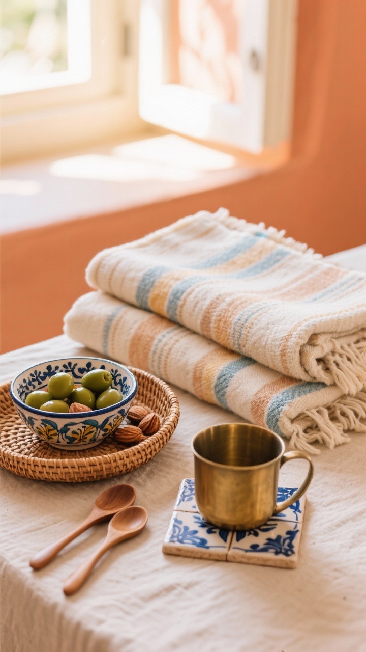 Closeup detail of design-lover souvenirs on a neutral linen surface: hand-loomed Galician throw in soft neutrals with a whisper of color, striped beach blanket from Cádiz folded beneath, hand-painted Talavera/Seville ceramic bowls holding olives and almonds, olive wood spoons crossing a small rattan Mallorcan basket, a single azulejo tile used as a coaster under a brushed brass cup; palette of warm terracotta and sun-faded blues, soft diffused window light, photorealistic, no people