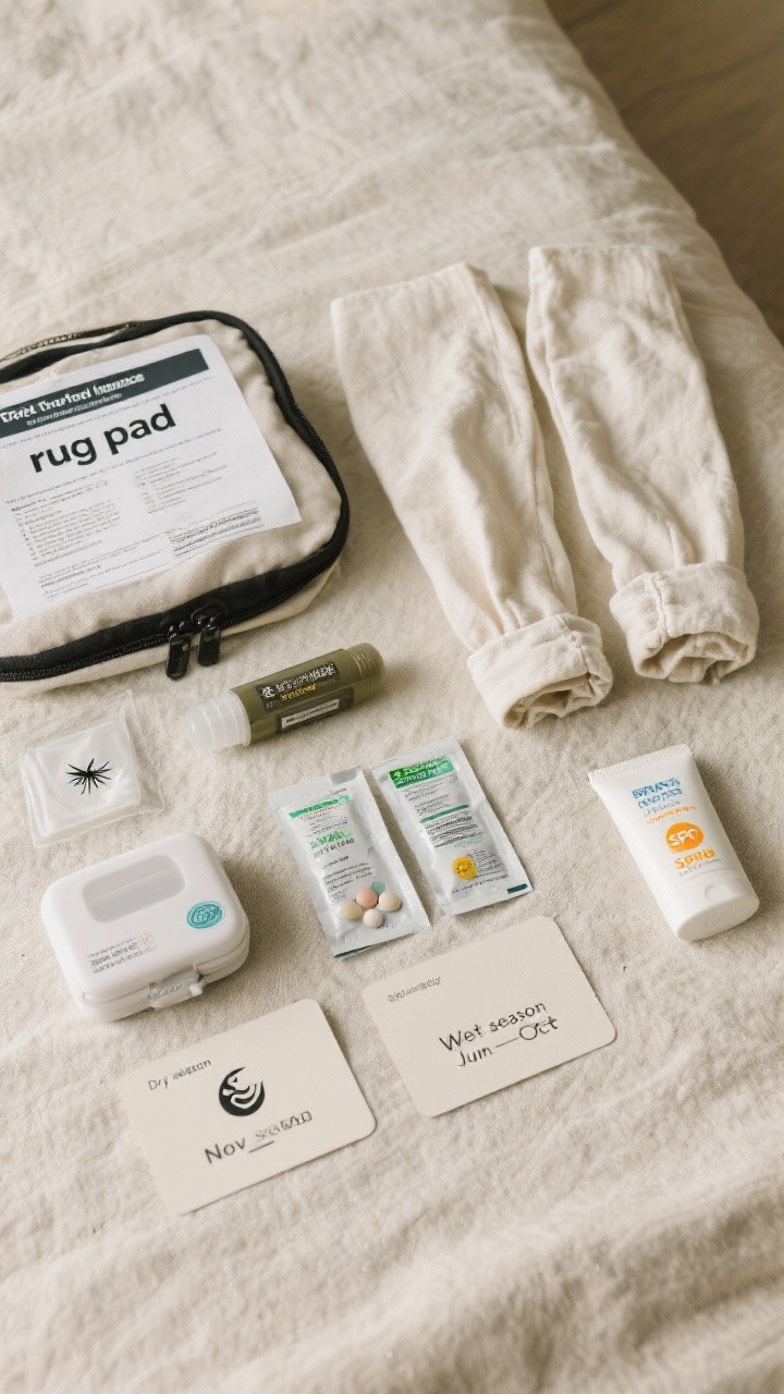 Closeup detail shot: A comfort-first flat lay “rug pad” kit—travel insurance printout, mosquito repellent, a pair of light long-sleeve linen cuffs, electrolytes sachets, motion-sickness tablets, antihistamines, compact first-aid kit, and a high-SPF sunscreen; two small cards labeled “Dry season Nov–May” and “Wet season Jun–Oct” with a tiny typhoon icon. Soft diffused light, natural linen background, muted tones, crisp product clarity. Overhead view.