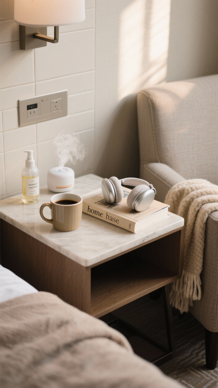 Closeup detail shot: a small “home base” nook on a hotel side table beside an armchair, featuring a familiar ceramic mug filled with freshly brewed coffee, a well-loved paperback book, soft over-ear headphones, and a folded cozy throw; a compact travel diffuser emits a subtle mist beside a linen spray bottle labeled with a signature home scent; early morning natural light casts across neutral kitchen-tile-like textures in the background, emphasizing routine cues and comforting predictability; photorealistic, corner angle.