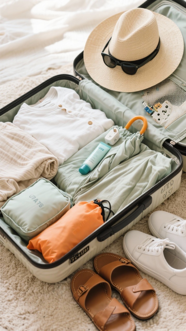 Closeup detail shot: An open suitcase styled like a breezy beach bungalow, packed with breathable textures—rolled linen shirts, cotton tees, flowy lightweight pants in soft neutrals (sand, white, pale sage), a UPF wide-brim hat, dark sunglasses, reef-safe sunscreen, compact umbrella, lightweight rain jacket, neatly arranged packing cubes and a small orange dry bag; water shoes, comfy leather sandals, and white sneakers lined along the suitcase edge; a Type A/B power adapter labeled 220V tucked in a mesh pocket. Soft natural daylight, airy, low-contrast color palette, emphasis on fabric weave and lightness. Overhead perspective.