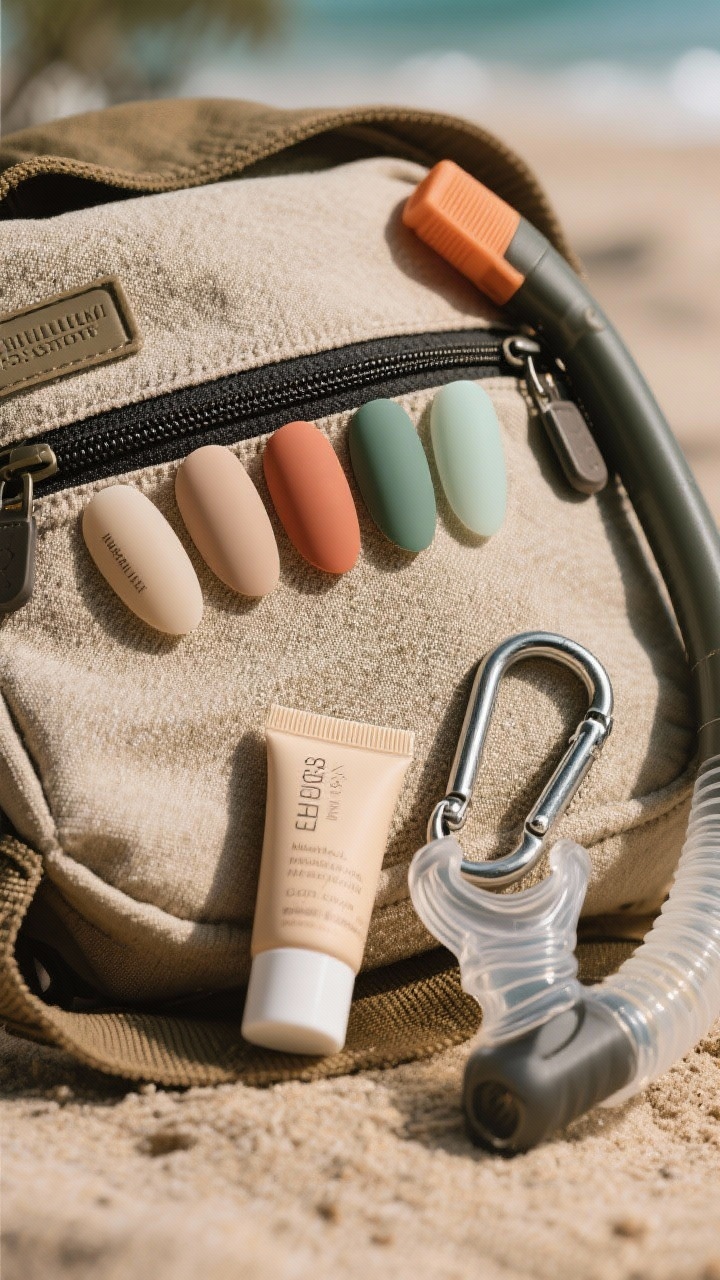 Closeup functional detail: An adventure-ready kit on a textured canvas gear bag—short rounded and natural oval nail tips labeled with rubber base gel, matte topcoat, and long-wear neutral sand, muted terracotta, and sea-glass green swatches. A small tube of mineral sunscreen for hands sits beside a carabiner and snorkeling mask strap. Diffused daylight, matte surfaces for grip, earthy and sea-toned palette, oblique angle emphasizing durability and no-breakage practicality.