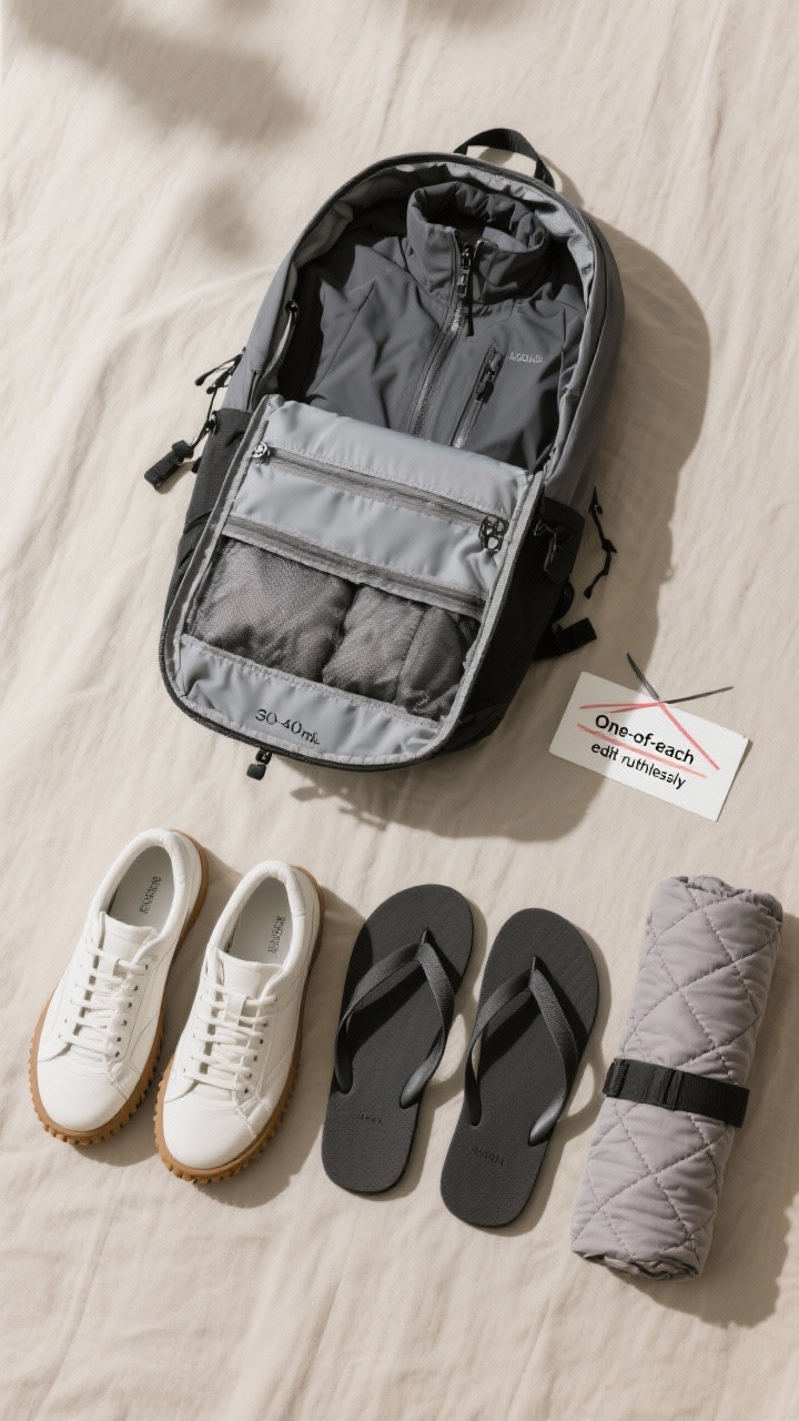 Closeup, overhead flat lay on a neutral fabric backdrop: a single 30–40L minimalist backpack with segmented compartments open to show one compressible weatherproof jacket (matte charcoal), one pair of versatile white-and-gum sneakers, a slim pair of black flip-flops tucked beside them, and one compact quilted travel blanket rolled with a strap. Include a small card reading “One-of-each” and a second card crossed out “backups,” with soft natural morning light and gentle shadow to emphasize the “edit ruthlessly” theme.
