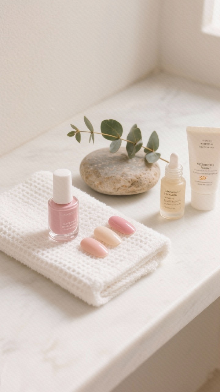 Closeup serenity shot: Spa-inspired surface with soft white, barely-there pink, and cream beige polishes, a glossy hydrating topcoat, and short natural-shaped nail tips resting on a folded waffle towel. A cuticle serum with jojoba and vitamin E and an SPF hand cream sit beside a smooth river stone and eucalyptus sprig. Calm, diffused daylight, clean-girl aesthetic, whisper-soft neutrals, minimal composition from a gentle corner angle.