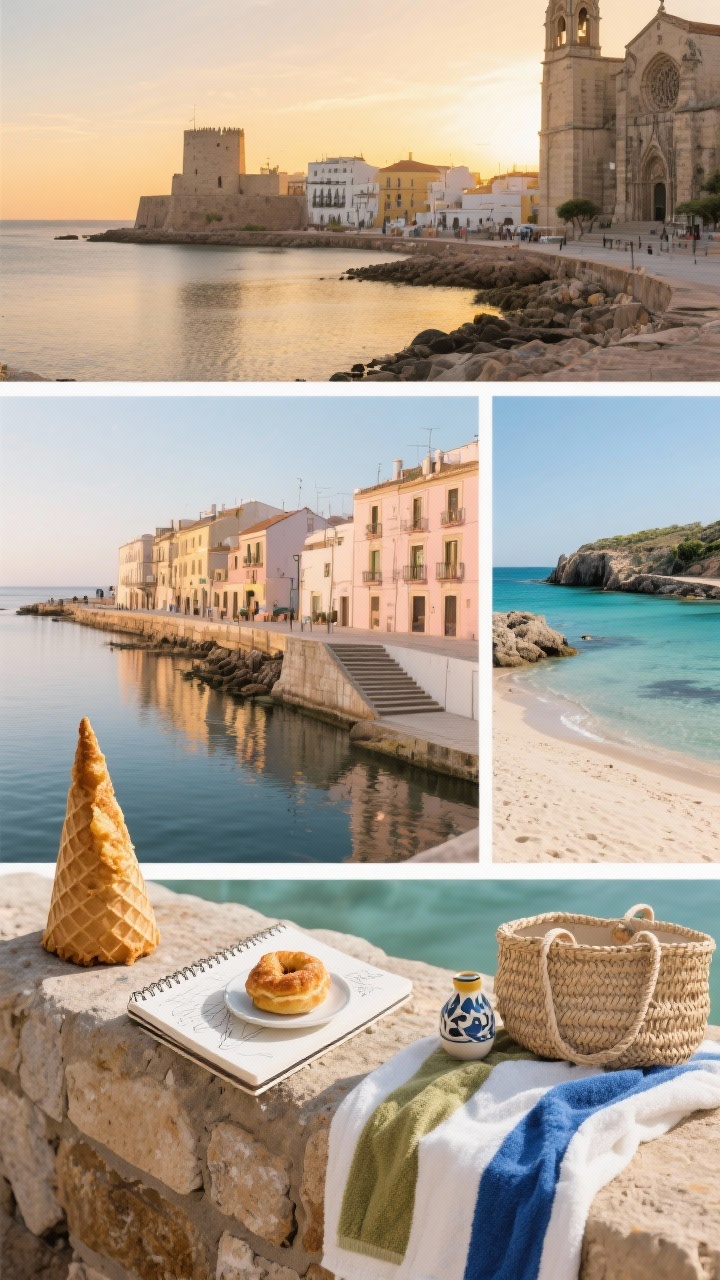 Collage-style triptych of micro-itineraries, consistent photorealistic look, no people: - Left panel (Cádiz): Wide shot of La Caleta at sunrise with soft gold light, fried fish cone resting on a stone sea wall, distant fortress silhouette. - Center panel (Girona): Medium shot of pastel riverfront façades with reflections, a pastry on a small plate atop a sketchbook, cathedral steps catching sunset glow. - Right panel (Menorca): Detail shot of pale sand and turquoise cove water with a woven beach bag, small ceramics purchase from Ciutadella peeking out, and a towel in whites, sand, olive, with a pop of cobalt; late afternoon light.