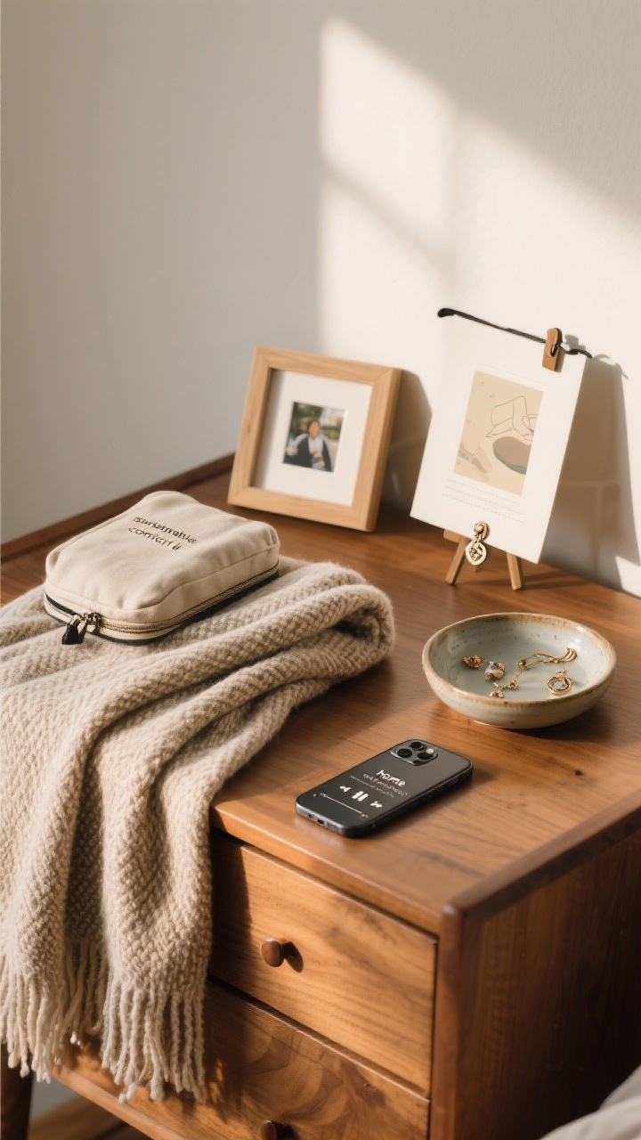 Detail closeup: a compact “portable comfort kit” arranged on a wooden dresser—small, soft textured throw or oversized scarf draped over the edge, a tiny framed photo propped against the wall, a packable art print clipped on a mini stand, and a shallow ceramic charm dish holding jewelry; a phone beside it shows a curated “home” playlist paused; warm afternoon light grazing the fibers to spotlight textures and emotional anchors; photorealistic, slight overhead perspective.