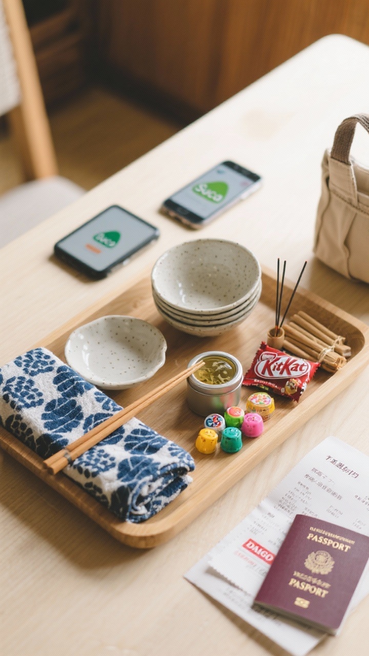 Detail closeup: Budget-friendly micro-splurge and souvenir tray—ceramic DAISO dishware (matte off-white with subtle speckle), wooden chopsticks, a tenugui towel neatly folded with indigo pattern, small tins of local tea, incense sticks, a few colorful gachapon capsules, and seasonal KitKat bars; nearby, a Suica on a smartphone screen, a neatly stacked tax-free receipt with passport placeholder, and a compact foldable tote. Soft diffused afternoon light, tactile textures of ceramic, cotton, and paper; overhead flat-lay for clarity, calm neutral palette with pops of indigo and candy colors.