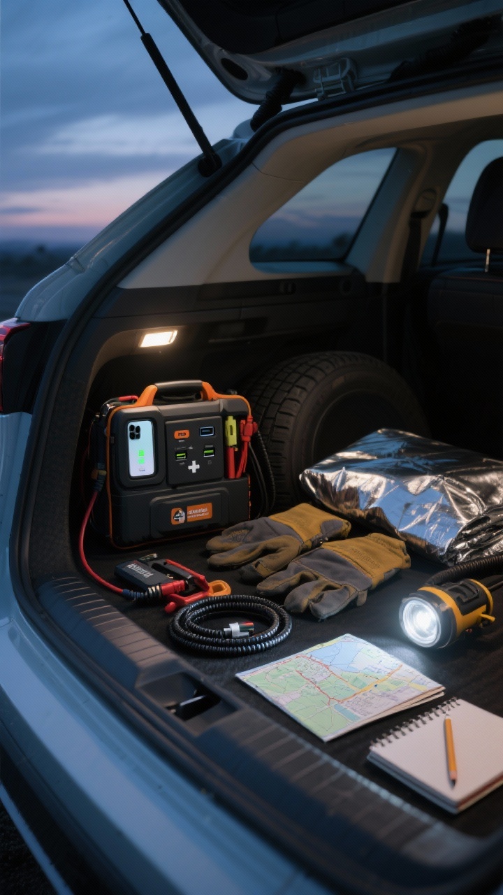 Detail closeup from the open trunk lip at dusk: a compact jumper pack with USB ports charging a phone, a travel-sized first-aid kit, a folded silver emergency blanket, sturdy work gloves, a tire repair kit beside a mini inflator, and a headlamp with its band coiled neatly. Include a dual USB car charger and short braided cables on the side, plus a folded printed map and a tiny notebook with a pencil. Cool twilight light with a subtle car interior glow to convey preparedness and calm.