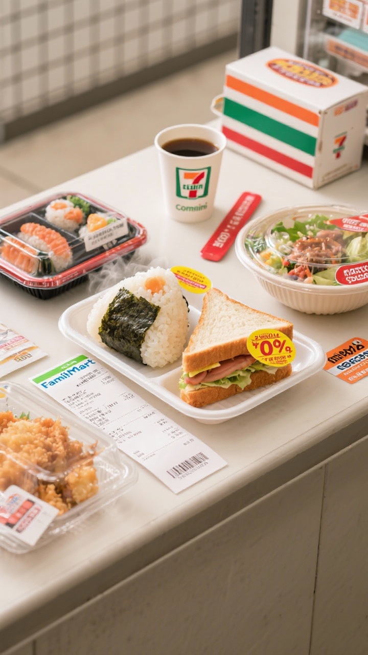 Detail closeup: Overhead flat-lay of a convenience-store meal spread—7-Eleven onigiri with visible seaweed texture, Lawson sandwich half showing fluffy shokupan crumb, FamilyMart salad bowl, reheatable bento tray with steam, a paper cup of combini coffee, red and yellow discount stickers on supermarket sushi, plus Matsuya/Sukiya/Yoshinoya gyudon receipt slips and a Tenya tempura box corner. Bright, even lighting like a store counter, glossy plastics, lacquered bento, and nori textures; neutral backdrop with subtle grid to evoke a convenience counter.