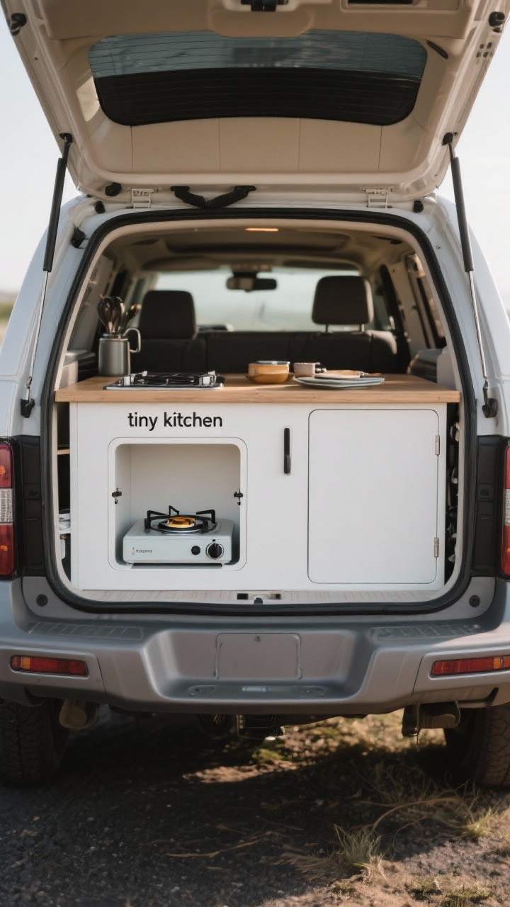 Detail shot, straight-on at tailgate height: a minimalist “tiny kitchen” spread on the open trunk edge. Include a compact single-burner stove nested in its 1–
