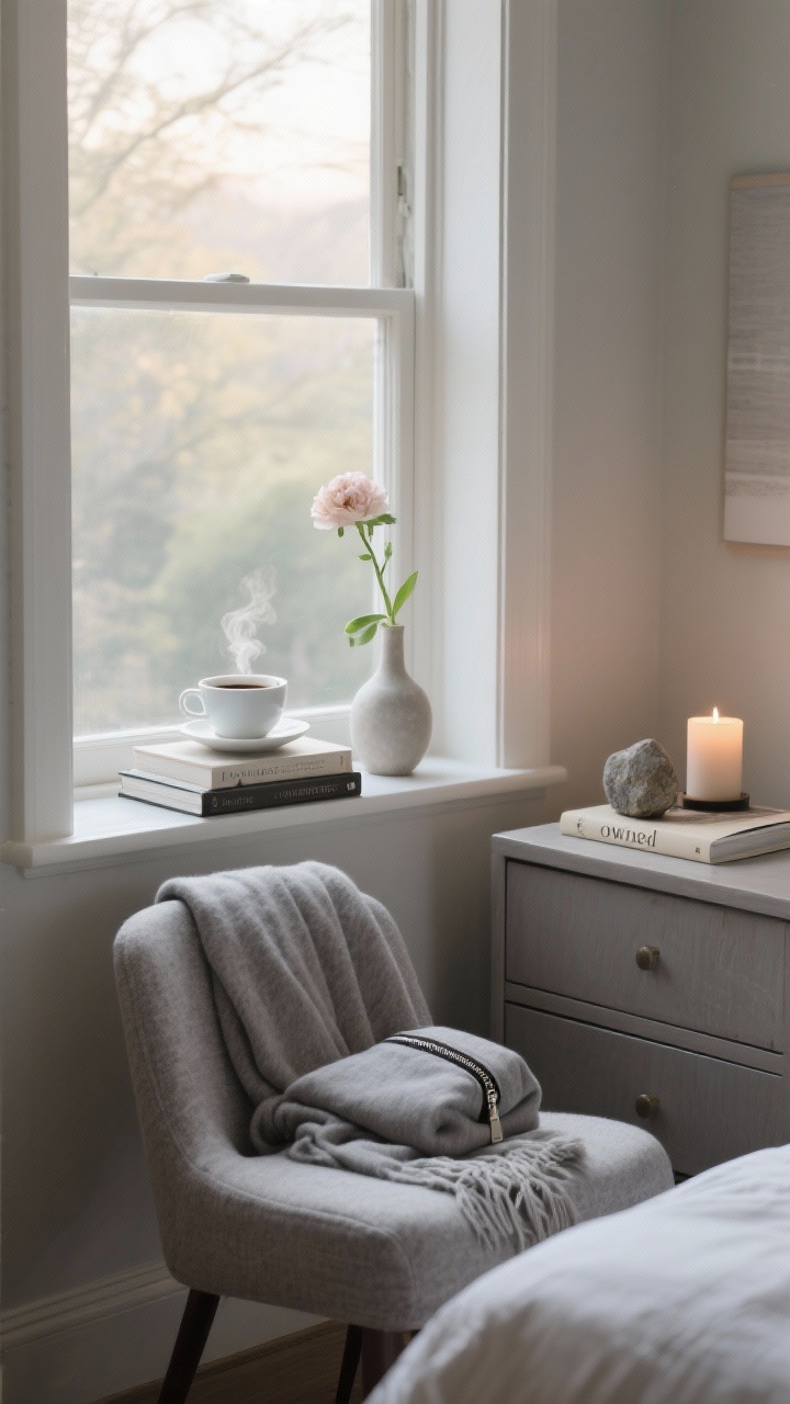 Detail vignette: a claimed window ledge transformed into a ritual spot—steaming morning coffee on a saucer, a small book stack, and a single fresh flower in a bud vase; nearby, an evening vignette on a side table with a candle, a keepsake stone, and a favorite book; repeat of the same fabric or color—e.g., a soft heather-gray throw on a chair, a matching scarf folded on the bed, and a tonal zip pouch on the dresser—creating visual continuity; gentle morning light framing the view to feel “owned”; photorealistic, close detail.