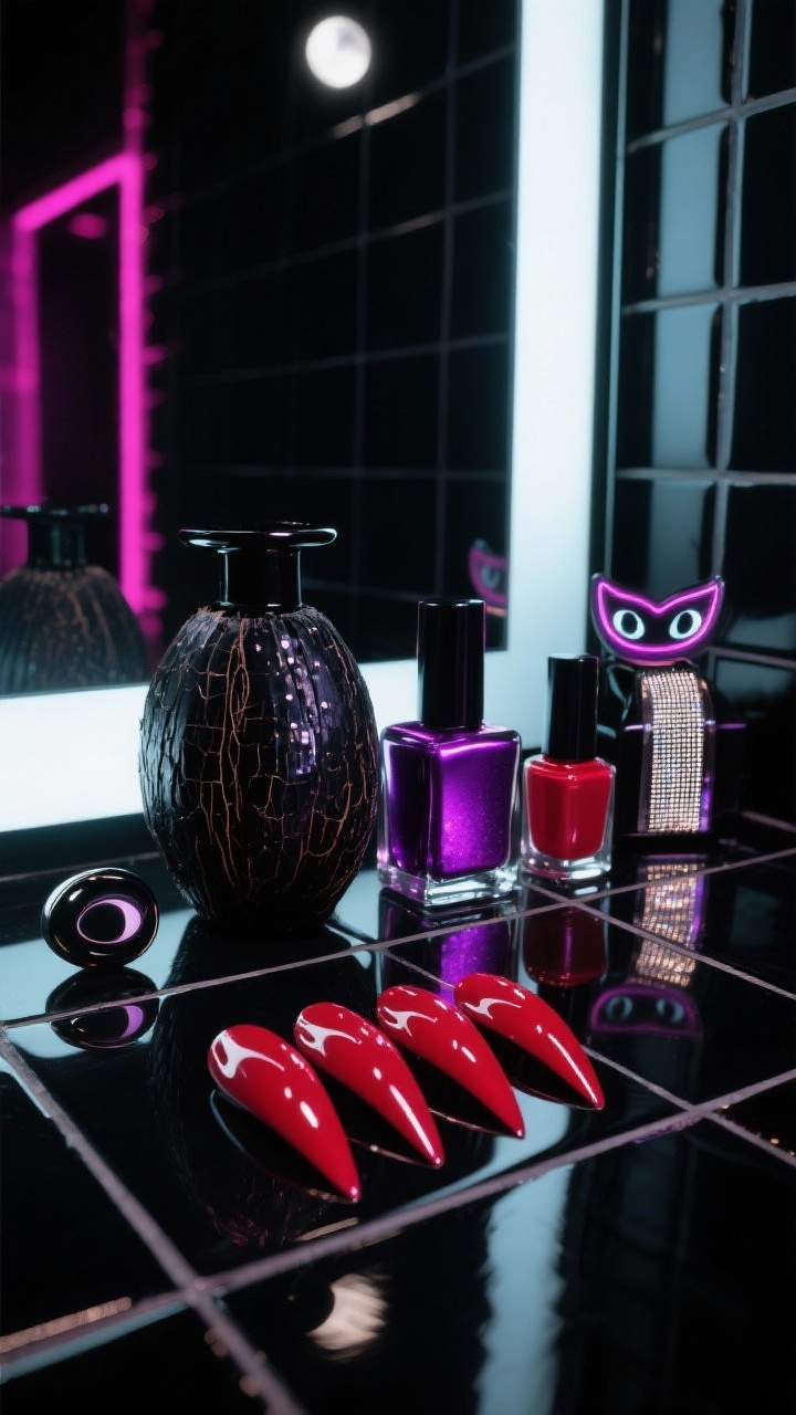 Dramatic detail: After-dark vanity with high-contrast lighting—bottles of black coconut shell shimmer, ultraviolet chrome, and wet-look red polishes flanked by a cat-eye magnet, luminous/glow topcoat, and metallic micro-stripe tape for edge-lining. Sculpted almond, stiletto, and ballerina-length nail tips gleam on a glossy black tile. Neon reflections and moonlit highlights create hypnotic movement; intense, couture nightlife mood, oblique perspective for razor-sharp definition.