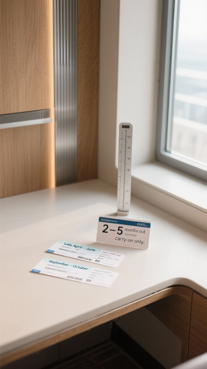 Include boarding passes labeled “Late April–June” and “September–October,” a small card “2–5 months out,” and a slim scale showing “carry-on only.” Soft daylight from a window, clean neutral palette with warm wood and brushed aluminum accents, photorealistic.