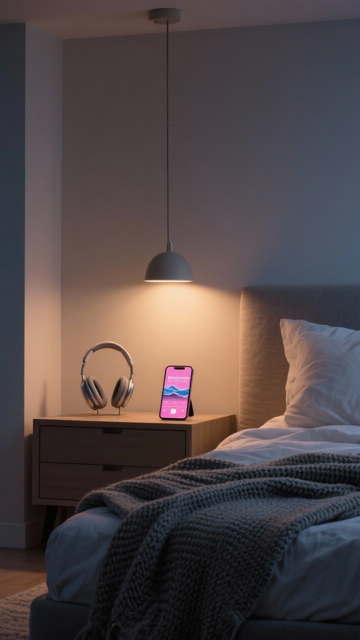 Medium bedroom shot designed for nervous system calm at night: only soft lamps with warm 2700K bulbs, overheads off; a heavy knit throw folded at the foot of the bed to mimic weighted pressure; a phone on the nightstand displays pink noise/ocean sound playback next to comfortable headphones; one surface (dresser) completely cleared for visual quiet; muted palette with tactile linens and minimal objects to reduce mental noise; photorealistic, straight-on composition.