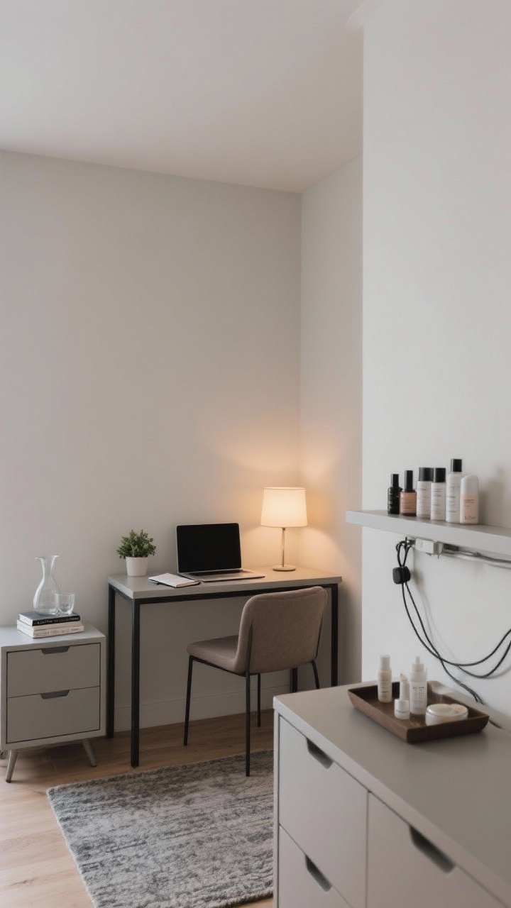 Medium corner shot showcasing clear functional zones in a studio rental: a work zone with a compact desk facing a wall, holding only a laptop, notebook, and a tiny potted plant; a rest zone with a tidy nightstand styled with a single book, a carafe and glass, and a soft, warm lamp; a beauty zone set up on a dresser tray with a curated lineup of skincare bottles arranged neatly; cables hidden, surfaces calm, visual boundaries defined by layout and a subtle rug; photorealistic, corner angle.