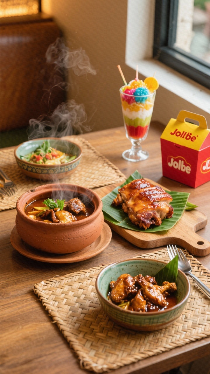 Medium detail shot: A beautifully styled dining tabletop celebrating Filipino flavors—steaming bowl of chicken adobo (glossy, tangy sauce), a rustic clay pot of sinigang with tamarind, lechon on a wooden board with crackling skin, and a tall glass halo-halo layered with vivid colors; a playful nod to Jollibee via a red-and-yellow takeout box at the edge. Natural textures: rattan placemats, banana leaves, ceramic bowls. Warm ambient lighting like a cozy café, rich color and sheen of dishes emphasized. Corner angle.