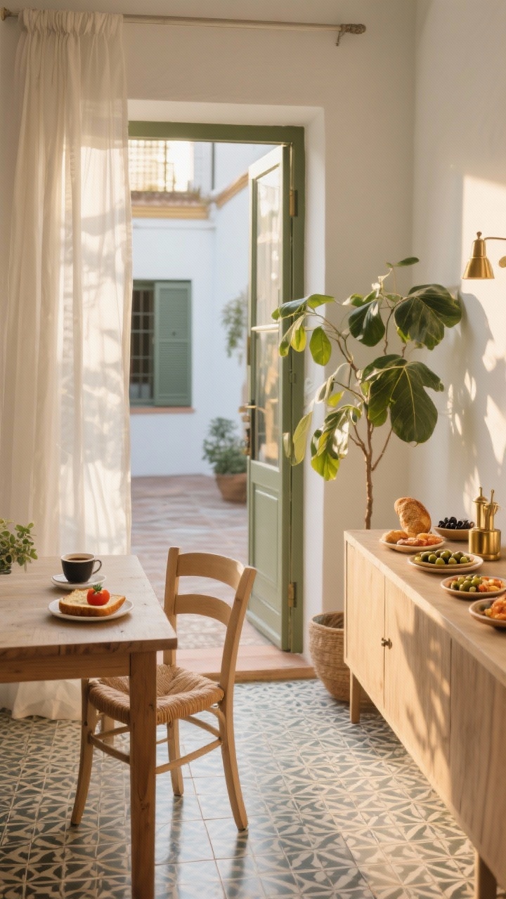 Medium interior scene embodying the Spanish day rhythm: airy dining nook with light filtering through sheer curtains onto cool patterned floor tiles, a simple morning tostada with tomato and coffee set on a small wooden table, shaded interior courtyard glimpsed through an open doorway for midday respite, a sideboard arranged tapas-style for evening (small plates, olives, bread), brushed brass accents and leafy plant for cool shade, golden-hour light edging in, photorealistic, no people
