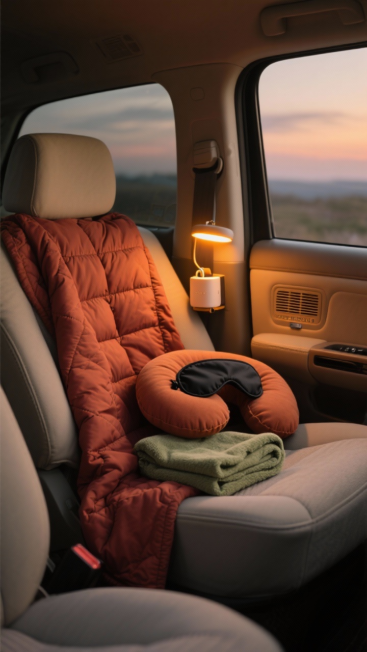 Medium interior shot from the rear passenger door looking in: cozy, minimalist car decor in a tight palette of warm neutrals with an earthy rust accent. A puffy, quilted packable blanket in rust draped neatly over the back seat, an inflatable neck pillow and a black eye mask resting on it, a clip-on warm LED reading light attached to a seat pocket casting amber glow, and a tiny vent-clip diffuser on the dash. Include a folded quick-dry micro towel in sage on the seat. Evening lighting with warm, inviting tones to emphasize “cozy vibes, zero bulk.”