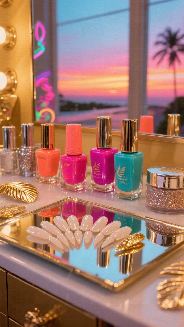 Medium shot: A bold resort dressing console at golden hour—bottles of hot coral, electric fuchsia, and oceanic teal polishes arranged beside chrome powder and jelly layers, with palm leaf nail decals and gold foil tips laid out on a mirrored tray. A set of coffin and almond nail tips fan out like swatches. Background shows a vibrant sunset gradient reflected in a window, neon-bright palette, a touch of sparkle, straight-on view to capture glossy, wet-look finishes and “main character” energy.